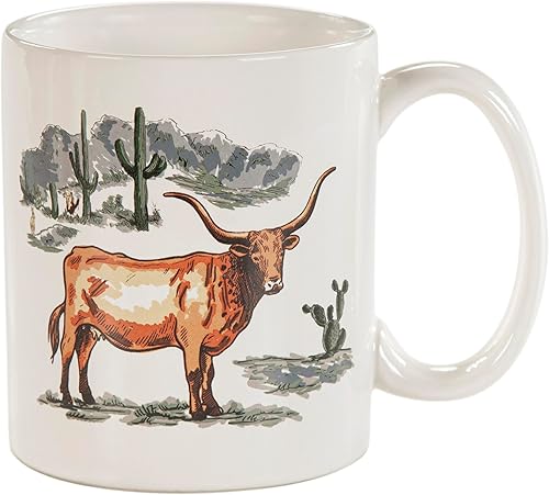 Paseo Road by HiEnd Accents Ranch Life - Juego de 4 tazas de café con patrón de cuerno largo para té, cacao, chocolate caliente, tazas con asa para