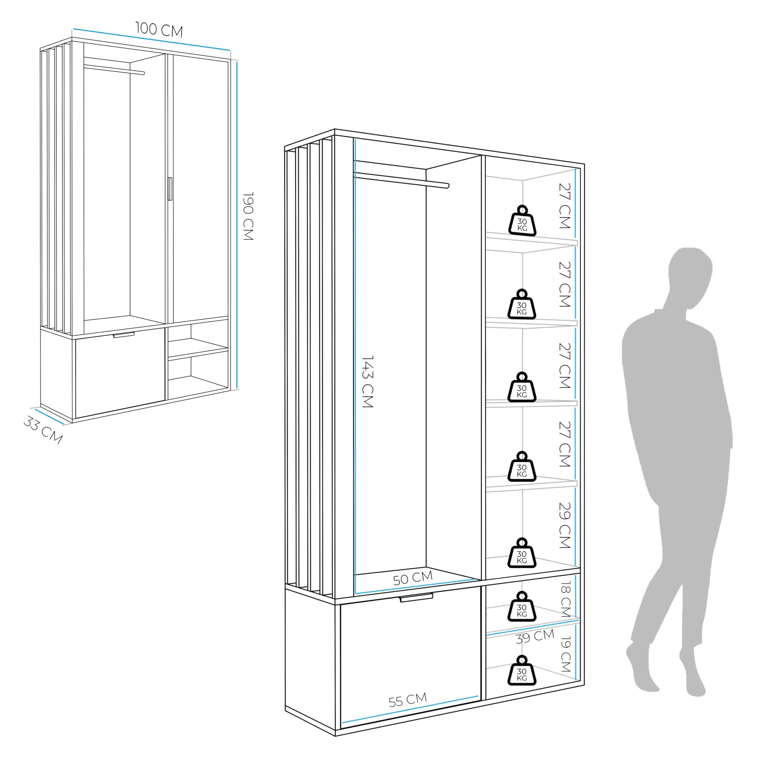 GREKPOL Garderobe Set mit Spiegel 100x33x190 cm Cashmere Garderobenschrank Flur mit Regalböden und Kleiderhaken