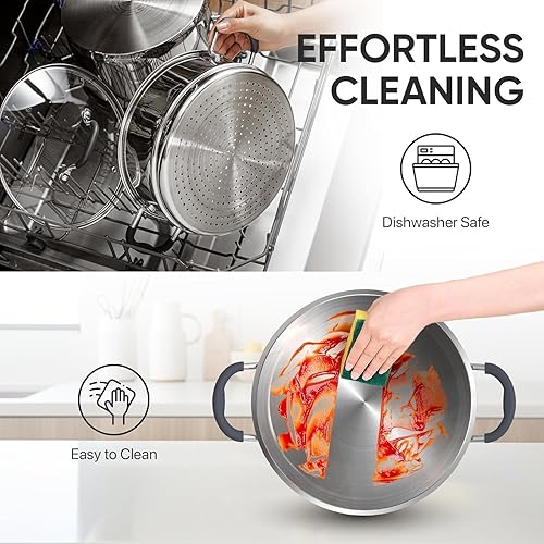 Miniatura 5 de SUNHOUSE - Ollas de vapor de 4.6 cuartos de galón con tapa, olla multiusos de acero inoxidable de 2 niveles con asa para verduras, albóndigas,