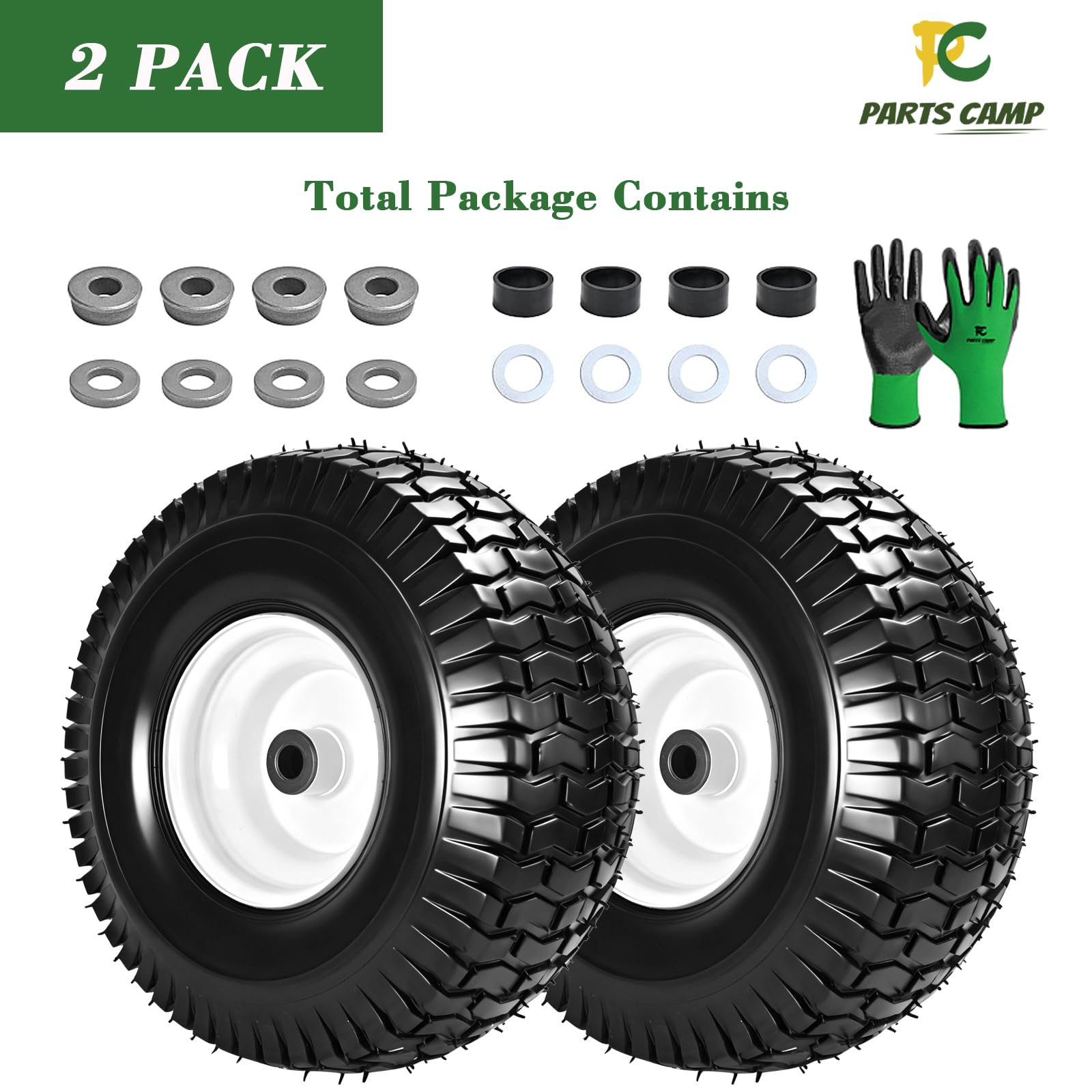 Parts Camp 15x6.00-6nhs Pneus et roues de tondeuse à gazon avec bague de 3/4" et moyeu centré de 3", pneu pneumatique en caoutchouc pour tondeuses autoportantes Husqvarna Craftsman (lot de 2)