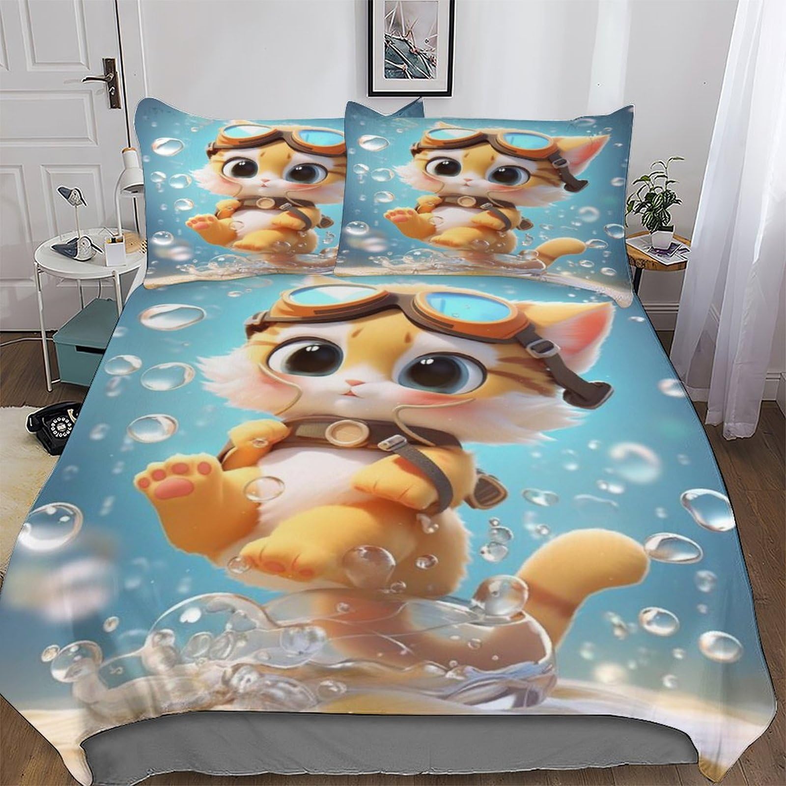 Housse de couette hypoallergénique motif chat 3D en microfibre anti-acariens 220x240cm