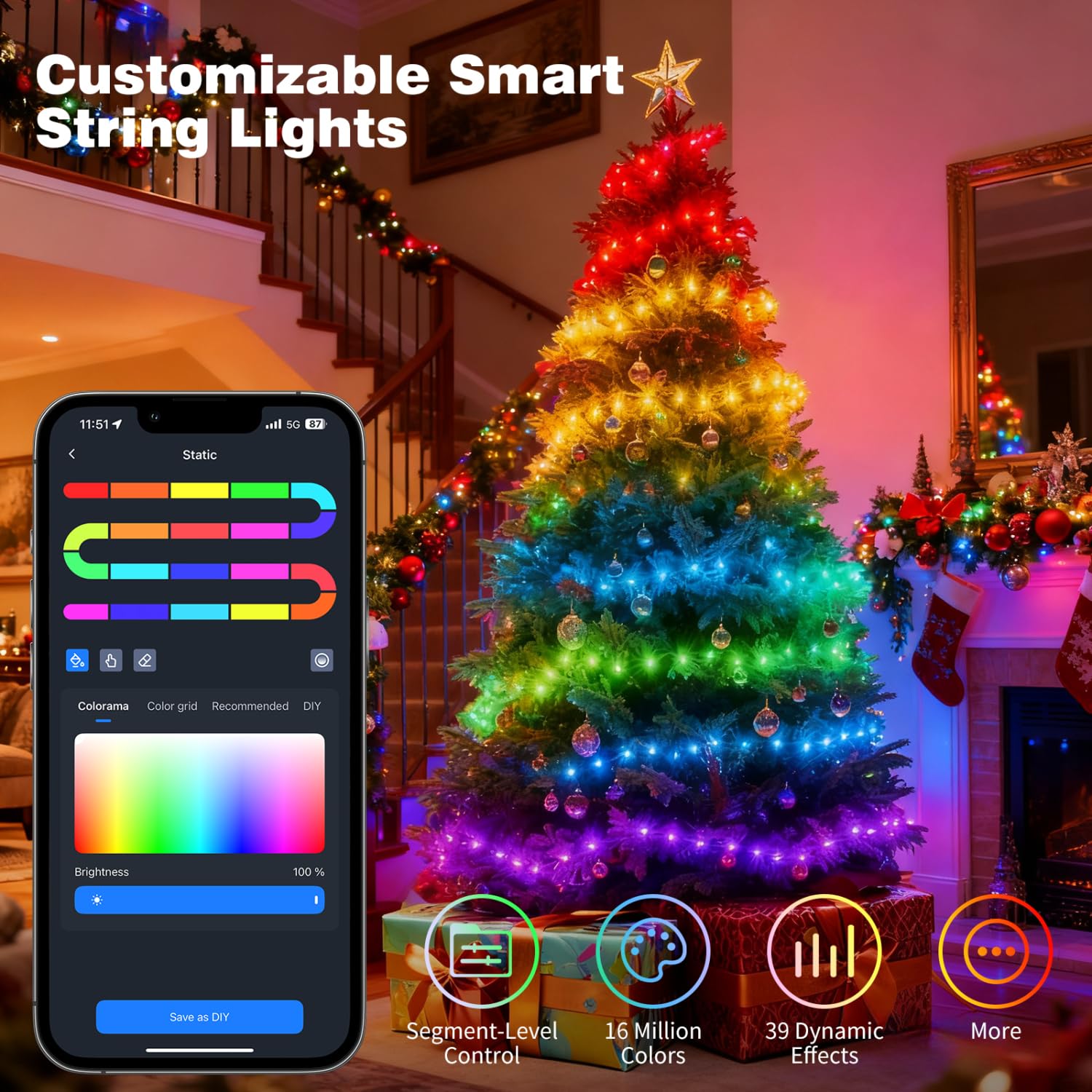 Aigostar RGBIC Smart Lichterkette, 20M 200 LEDs Bluetooth Lichterkette, Musik-Sync, Individuelle Farbsteuerung, 39 Dynamische Effekte, 150+ Szenen, Wasserdicht IP44 für Innen- und Außenbereich 2Pack