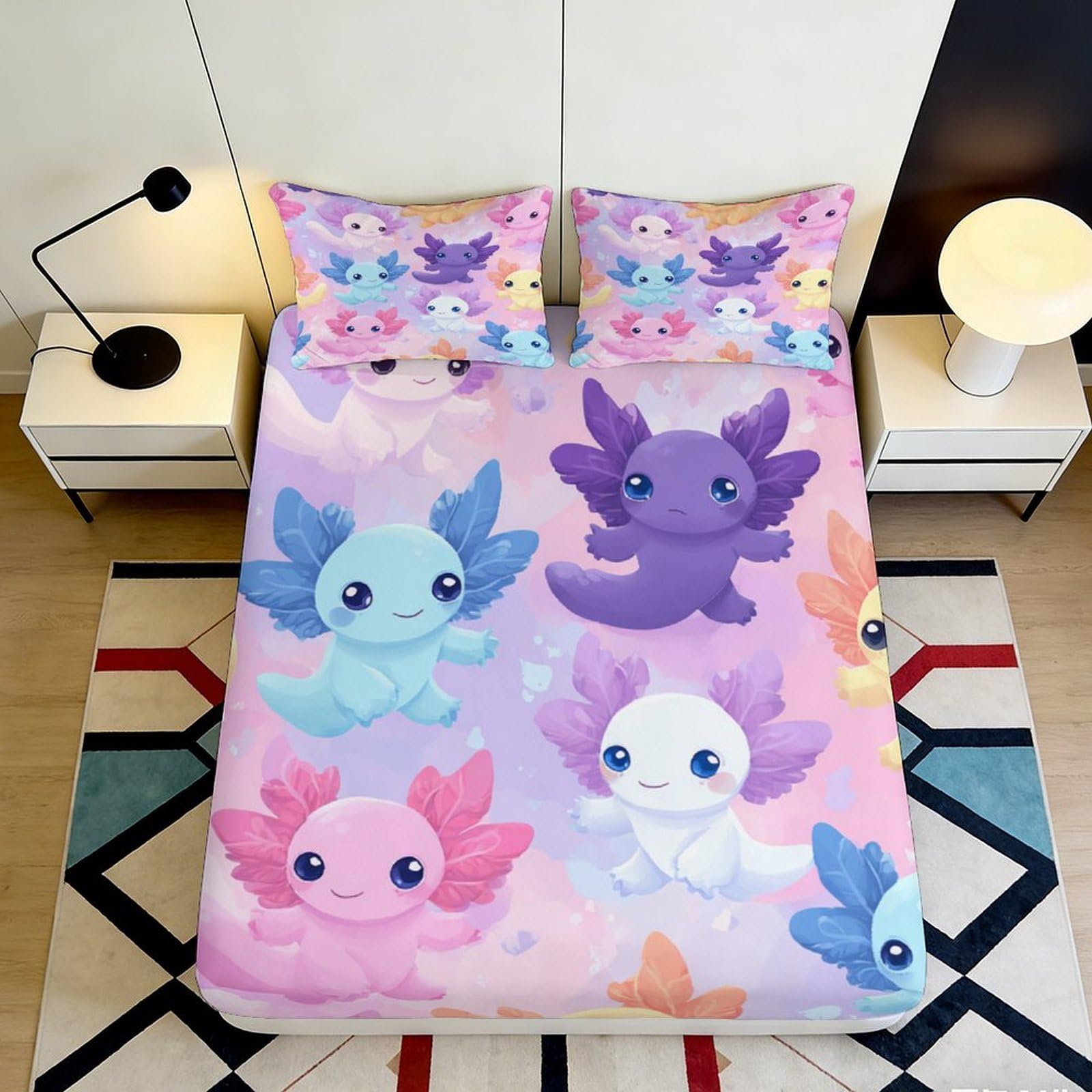 Pnayamiorkfel Style-4 3D Printed Cute Axolotl Fitted Sheet Microfiber Soft Breathable Fantasy Cartoon Mattress Cover For Bedroom Dorm Decor 90X200x25cm