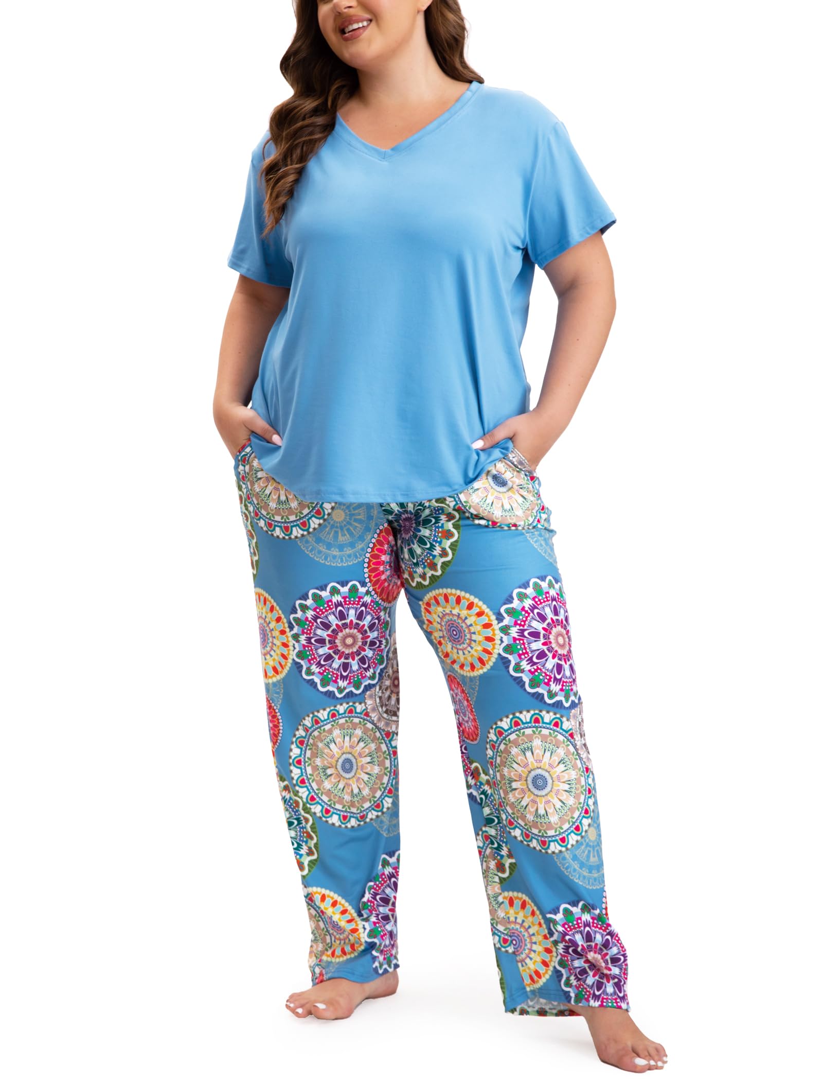 Plus Size Pajamas for Women Set Womens Short Sleeve Tops and Long Pants Soft Pjs Lounge Sets with