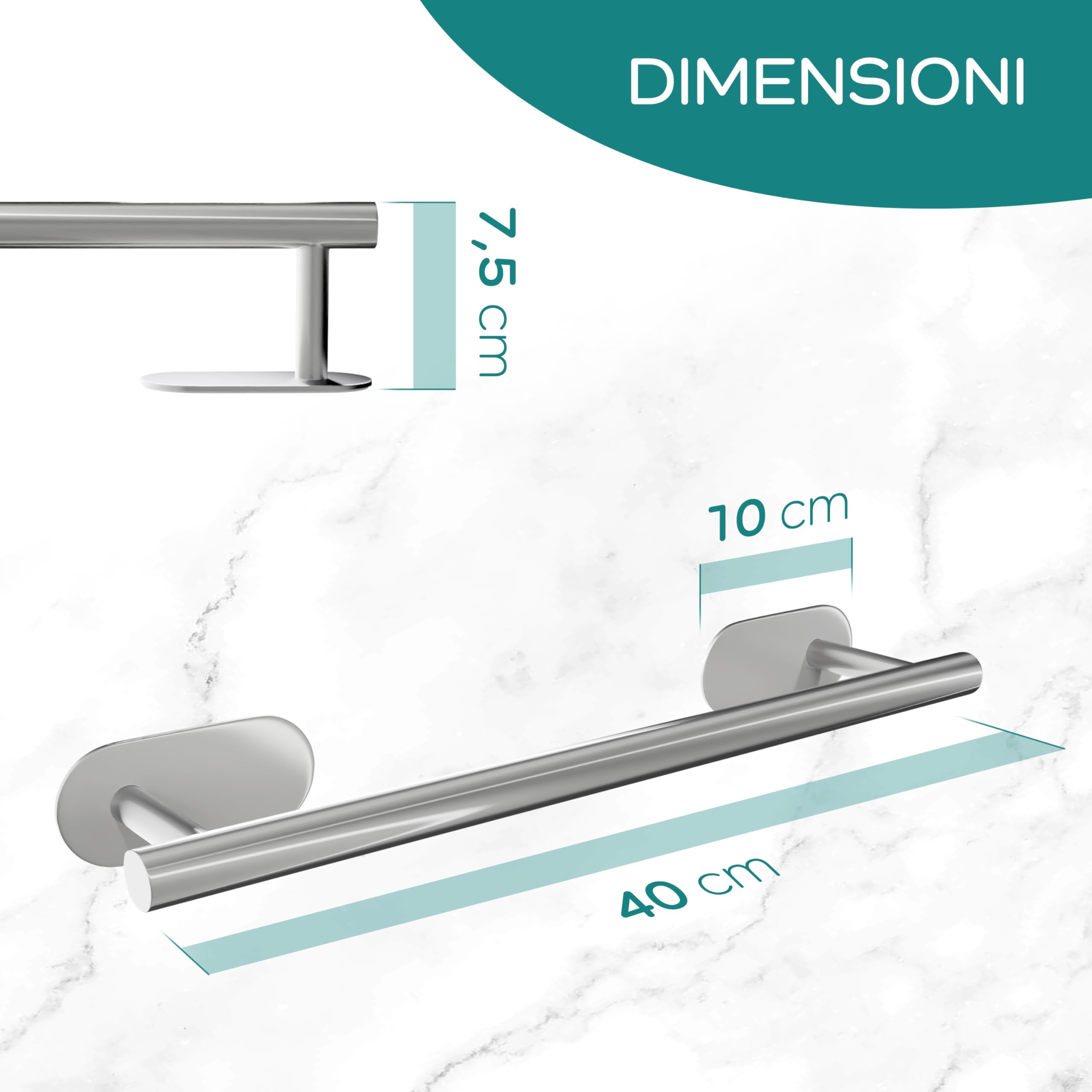 Porta Asciugamani Bagno in acciaio Inox Adesivo 40cm X 7,5cm - Appendi Asciugamani Bagno - Adesivo Extra Resistente