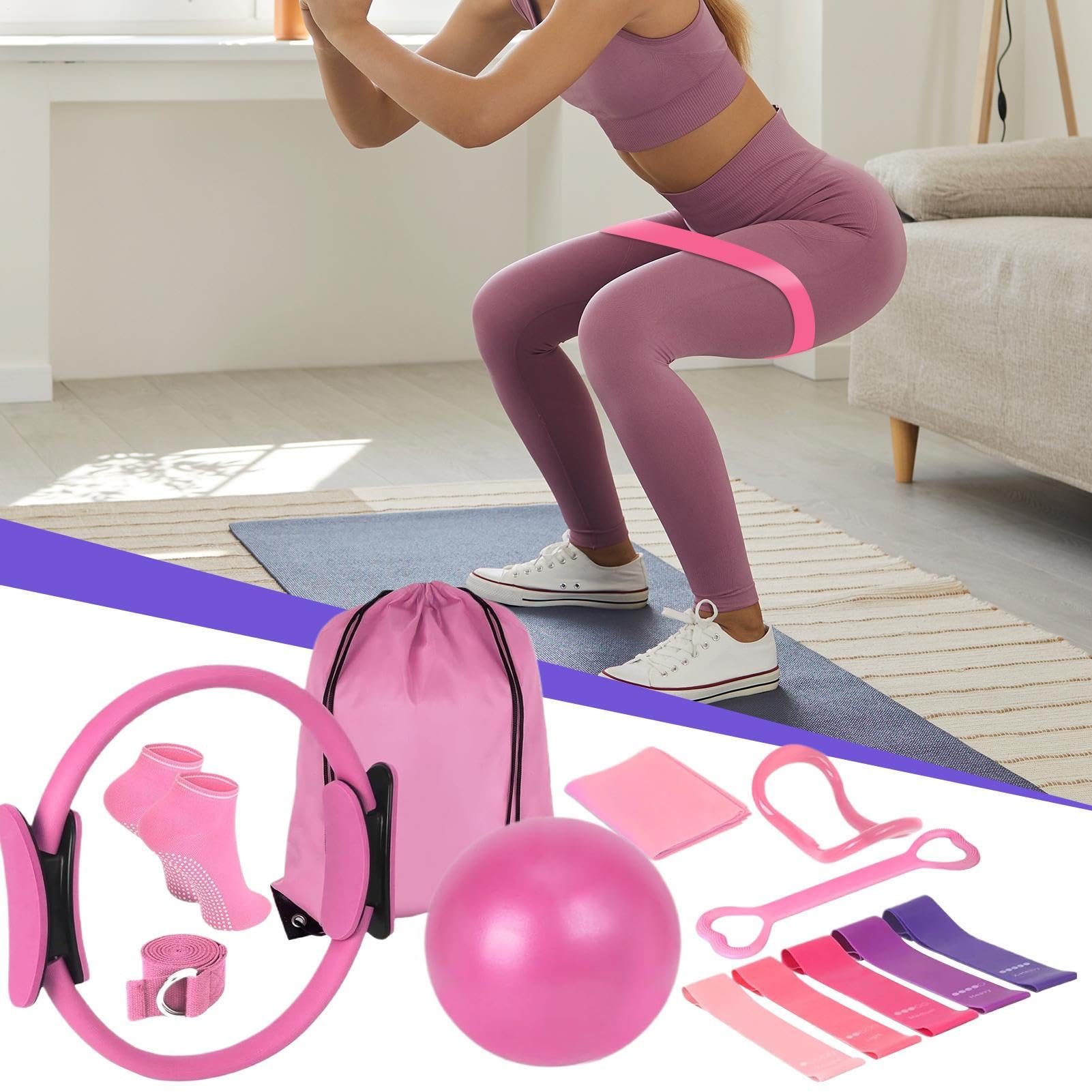 4 Set di Pilates, Pilates e-ssential Kit, Pilato Ring And Ball & Resistance Band & Yoga Ring, Kit di Attrezzatura per Fitness Pilato, per Allenamento per La Casa