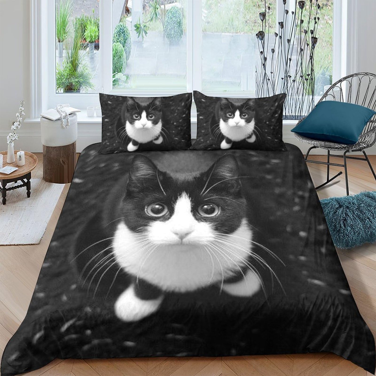TUFRTGYHN 3D Printed Black White Cat Duvet Cover Microfiber Soft Breathable Kitten Quilt Cover Set with 2 Pillowcases for Bedroom Decor Single（135x200cm）