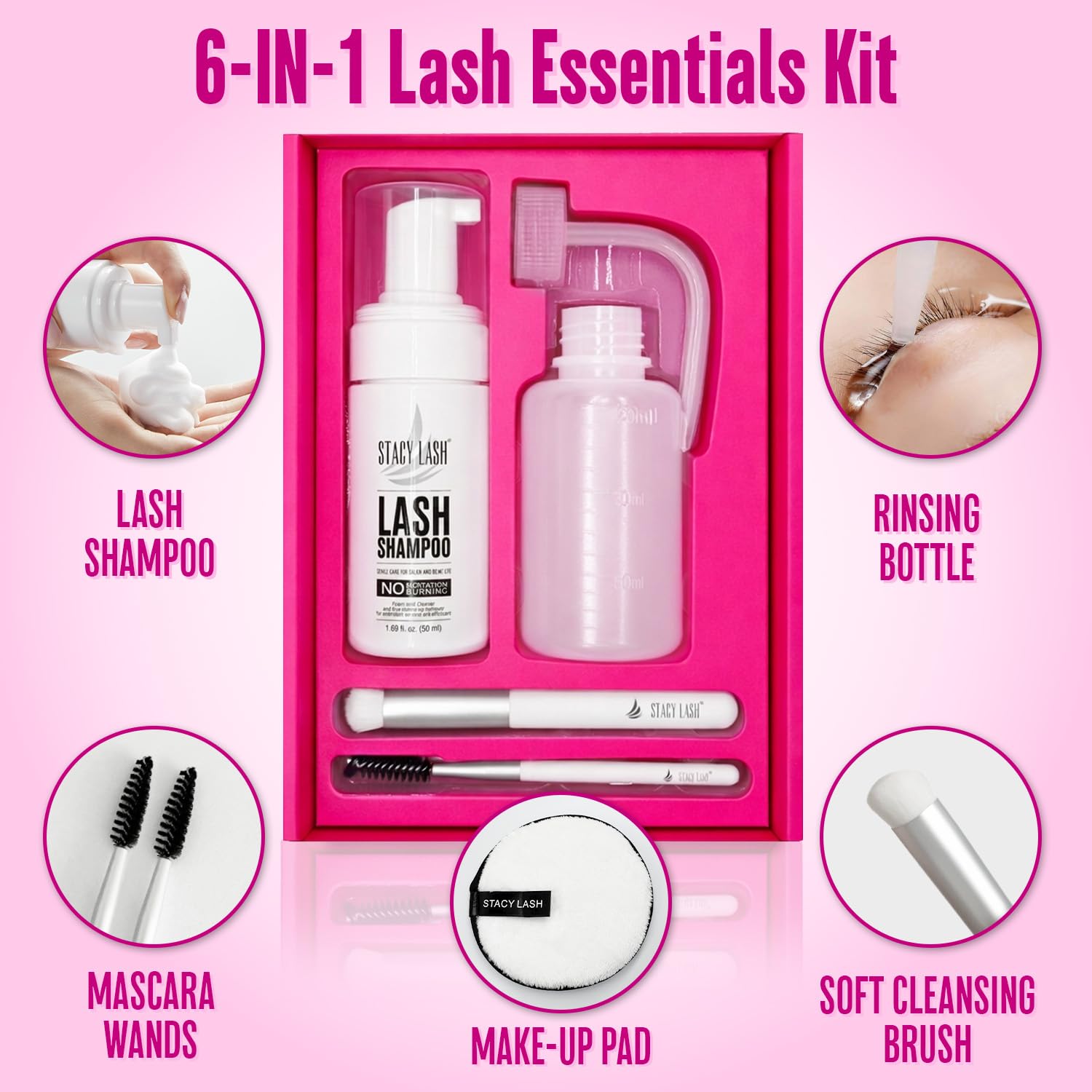 STACY LASH Kit di shampoo per ciglia da 50 ml, detergente schiumogeno con bobine di ciglia e flacone per risciacquo, tampone detergente e pennello per extension di ciglia, ciuffetti e ciglia naturali