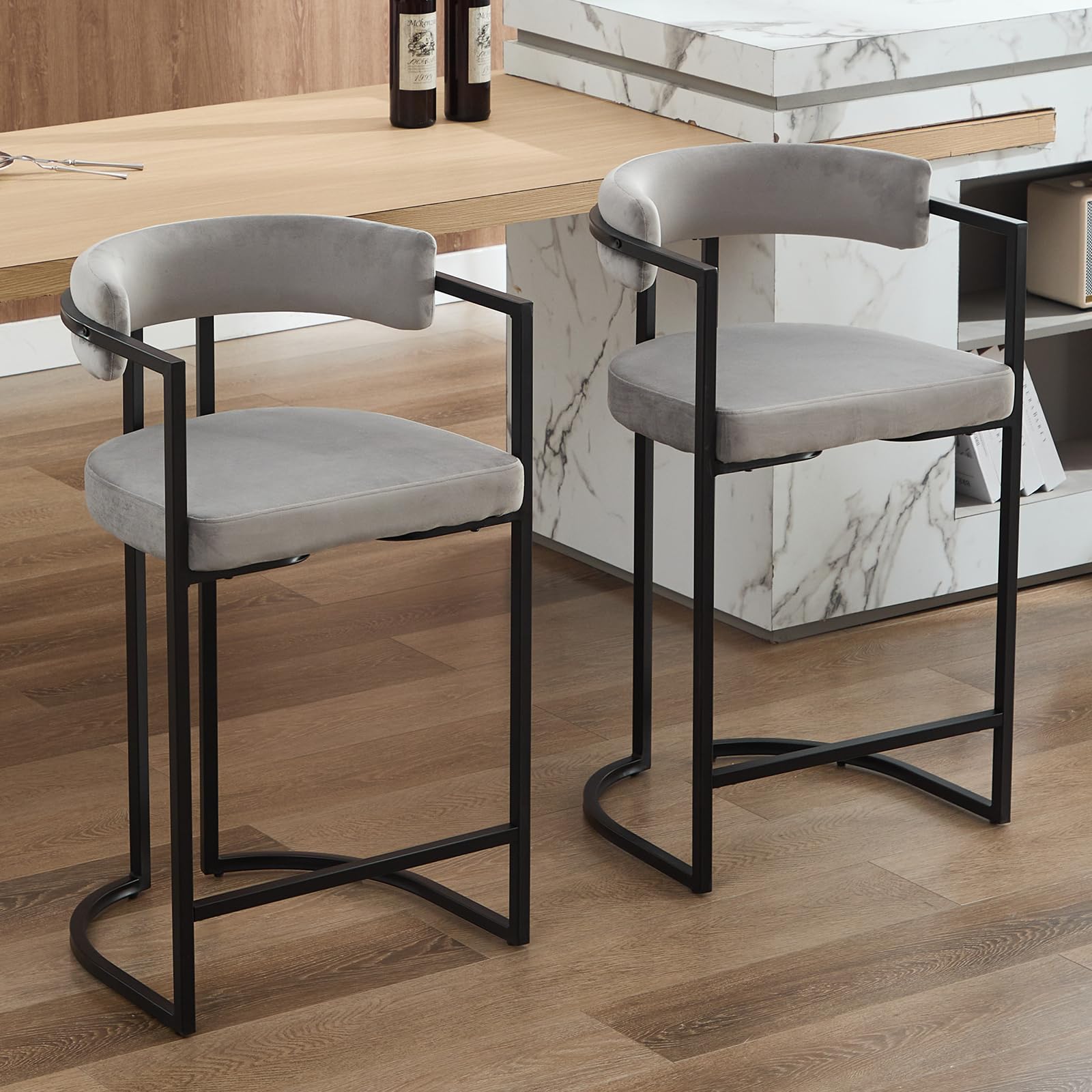 Ya-Home 2X Taburetes Altos de Cocina Modernos Sillas Bar de Terciopelo con Respaldo,Taburetes Altos de Mostrador con Patas Metálicas para Isla de Cocina/Restaurante,Gris