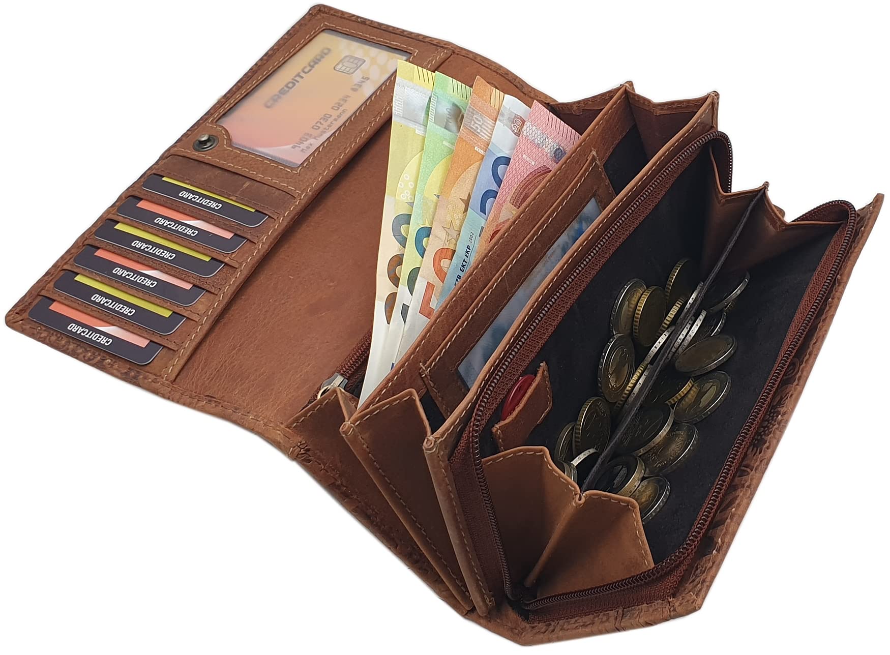 Große Vollrindleder Damen Geldbörse (Mit Lianen Prägung/Cognac) | RFID & NFC Schutz, Geldbeutel, Portemonnaie, Geldtasche