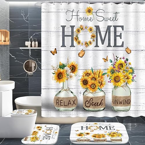 ALEXEX 4 PCS Yellow Sunflower Shower Curtain Set,Home Sweet Bathroom