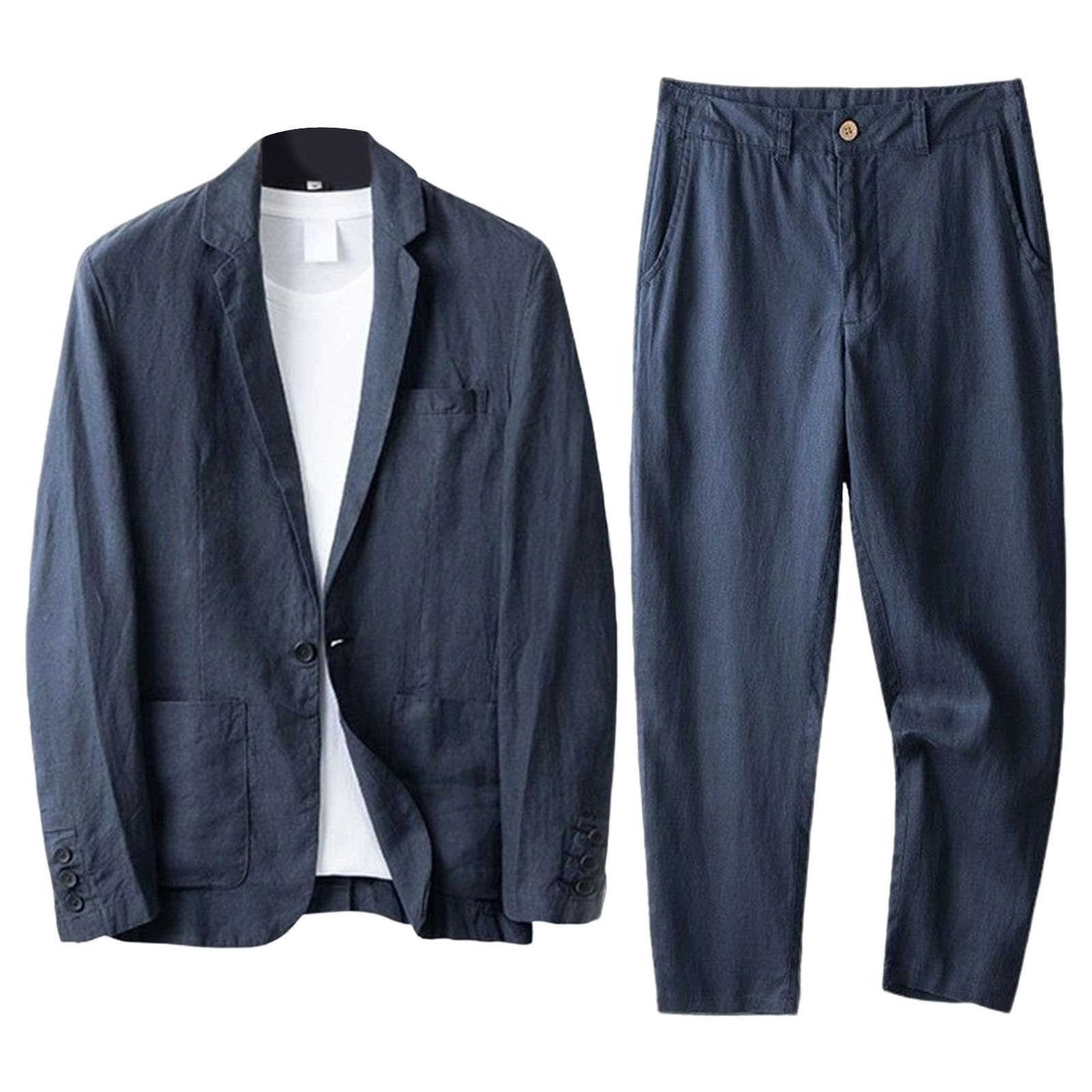 Completo da Uomo in Lino e Cotone, 2 Pezzi, Slim Fit, con Giacca da Smoking e Pantaloni con Coulisse, Completo Estivo Cerimonia Cerimonia per Uomo