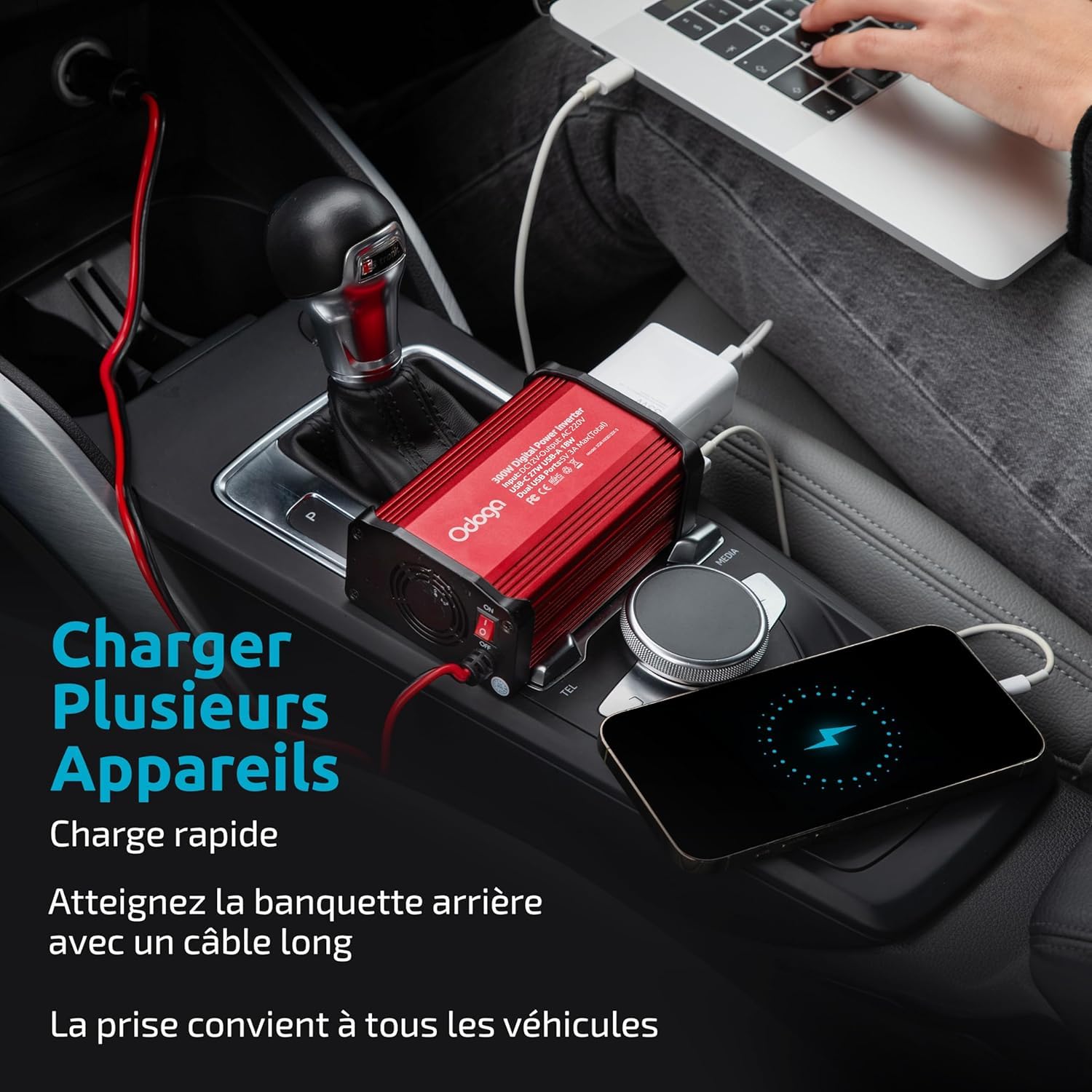 Odoga Convertisseur 12V 220V Voiture – Transformateur 300 W, Onduleur, 3A Port USB-C et USB-A, Convertisseur de Tension, Recharger Votre Ordinateur Portable, Ipad, Iphone et Plus