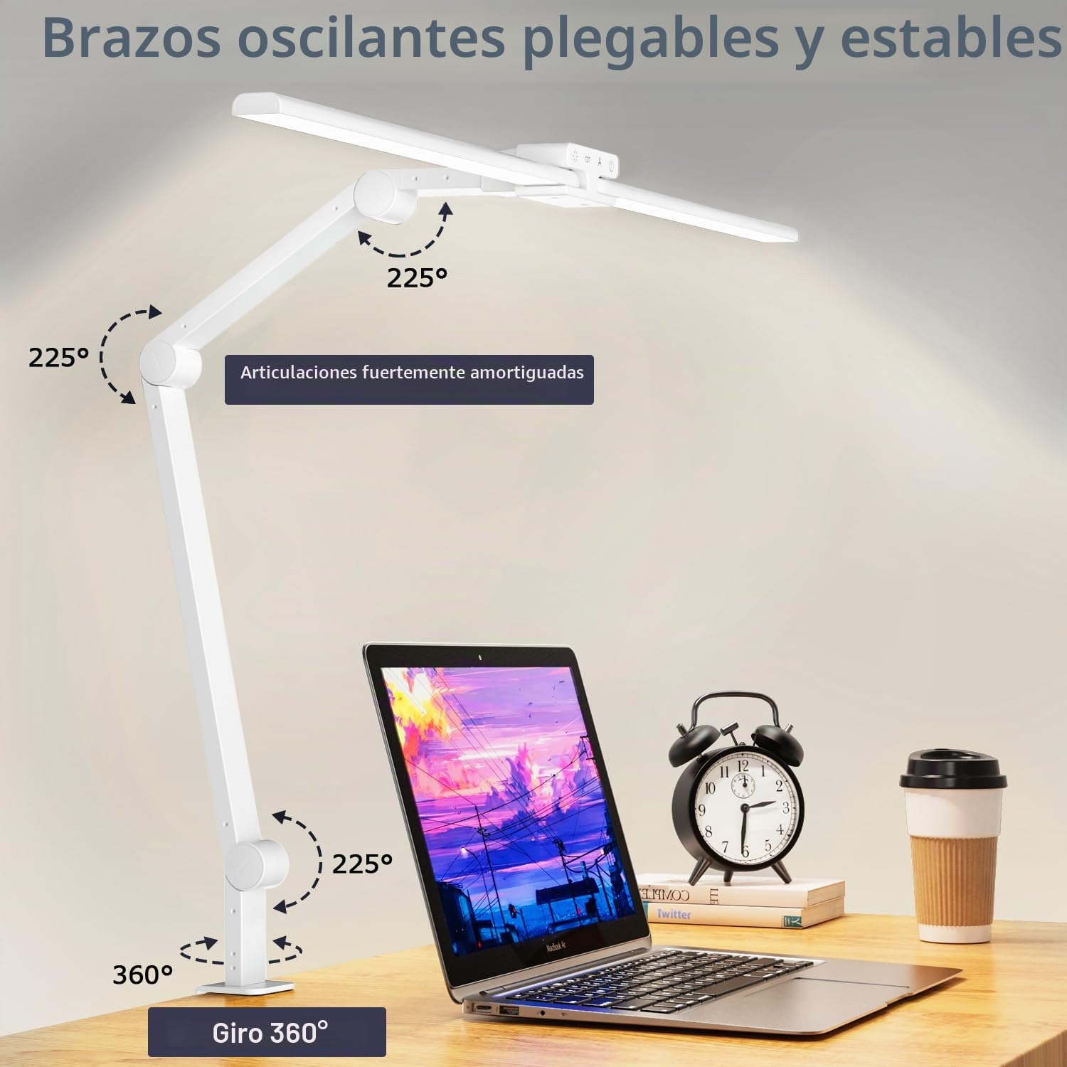 KableRika Lámpara escritorio LED de doble cabezal con pinza, 24W Blanco | 1200 lm, 3 articulaciones de fricción con ajuste de 225°, brillo automático – ideal para oficina y trabajo con ordenador
