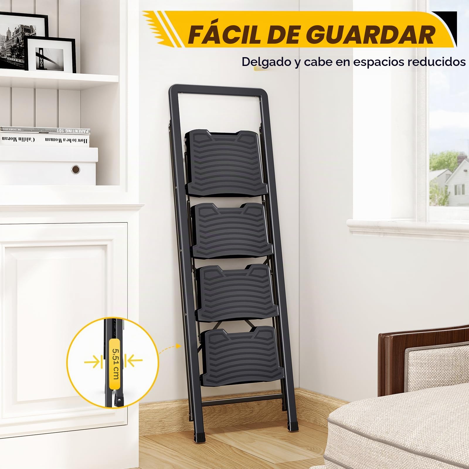 KINGRACK Escalera Plegable de 4 Peldaños - Taburete de Acero con Barandilla, Peldaño Ancho, Capacidad 150kg – Escalera Resistente Plegable para Hogar, Cocina – Negro