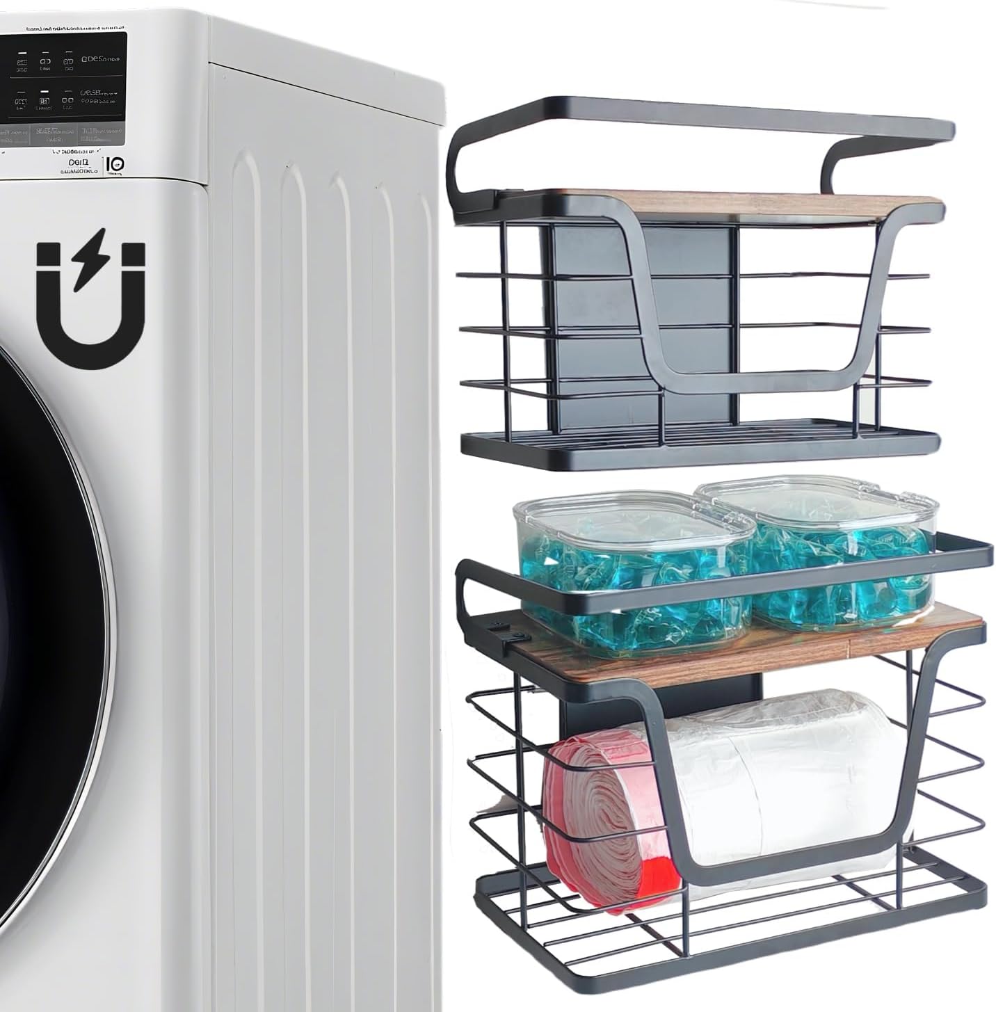 2 Pack Magnetic Trash Bag Holder, Wood Top with Guardrail, Garbage Bags, Potato and Onion Storage Bin, Magnetic&Adhesive Mount Trash Bag Dispenser for Fridge, Washer, Under Sink and RV Storage, Black