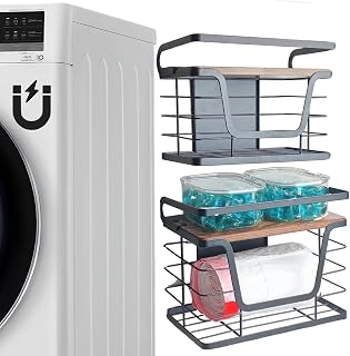 2 Pack Magnetic Trash Bag Holder, Wood Top with Guardrail, Garbage Bags, Potato and Onion Storage Bin, Magnetic&Adhesive Mount Trash Bag Dispenser for Fridge, Washer, Under Sink and RV Storage, Black