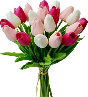 Mandy's Artificial Tulips 20 Stems Shades of Pink PU Faux Flowers for Valentine's Day and New Year Decorations Wedding Home Decor 13.5 Inch