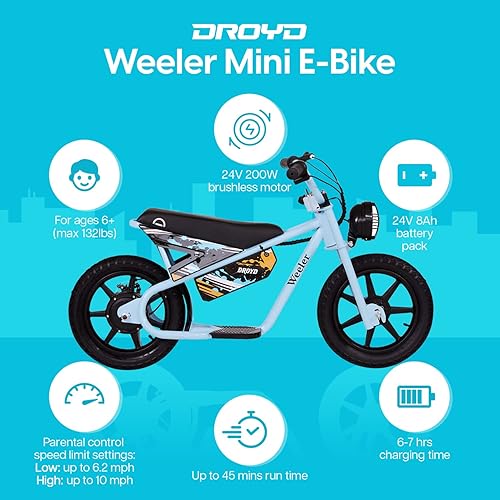 Miniatura 2 de Droyd Weeler - Mini bicicleta eléctrica para niños de 6 años en adelante, bicicleta eléctrica de 200 W con 6.2-10 MPH hasta 8 millas, bicicleta