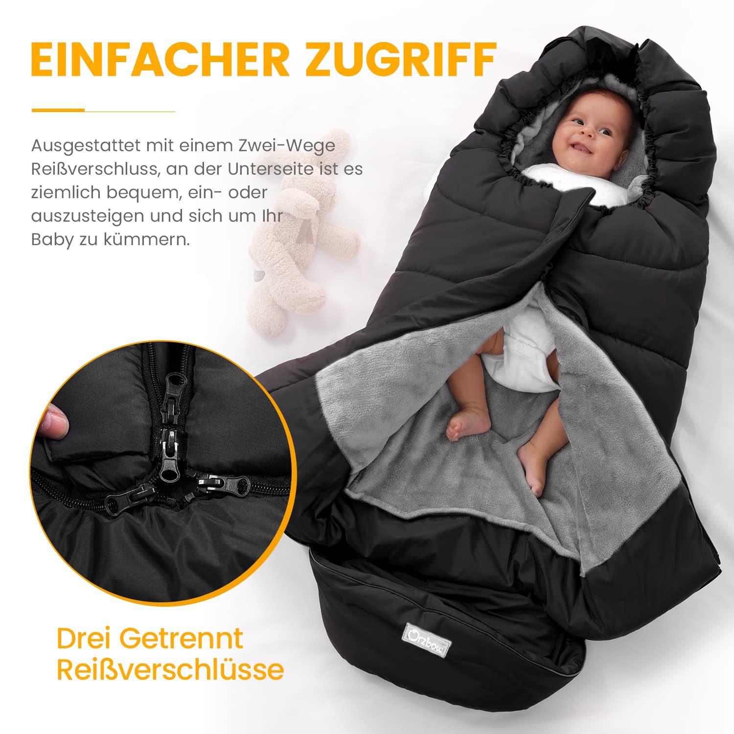 Orzbow Fußsack Kinderwagen Winter, Fusssack Baby mit Korallen-Fleece, Reißverschluss, Anti-Rutschschutz, Reflektorstreifen, Wasserdicht, Schwarz