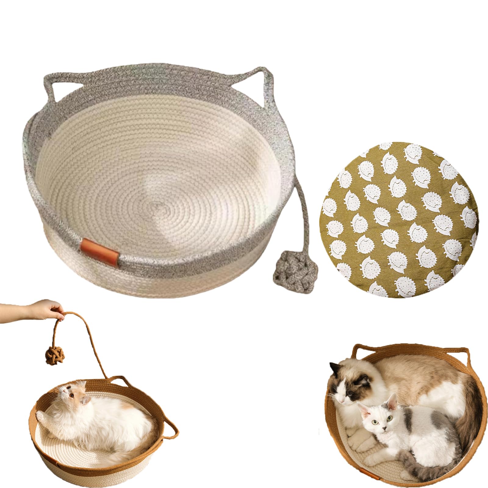 Natural Rope Cat Basket, Handwoven Cotton Rope Interactive Cat，Gray B：S