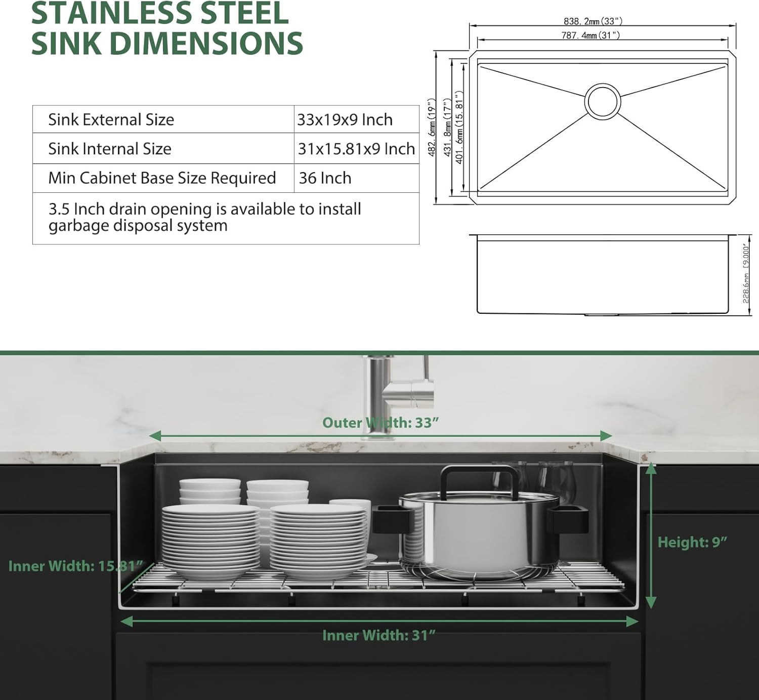 33 Inch Black Undermount Kitchen Sink Workstation- Couoko Matte Black 16 Gauge T304 Stainless Steel Single Bowl Undermount Sinks NANO PVD Large Deep Handmade Round Corner Sinks Basin, 33"x19"x9"