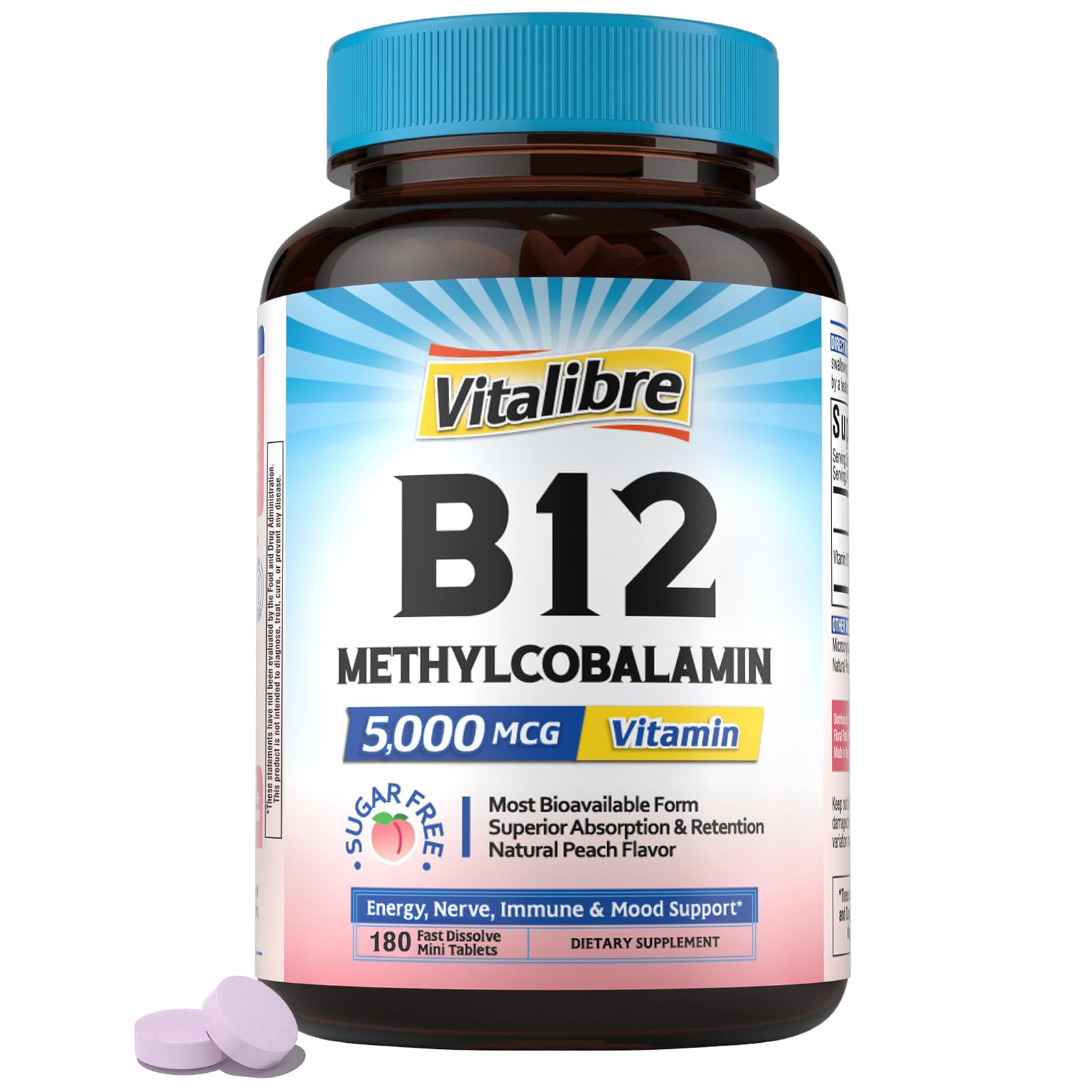 Vitalibre Vitamin B12 Sublingual 5000 mcg, Methylcobalamin, Bioactive Form Peach 180 Count (Pack of 1)