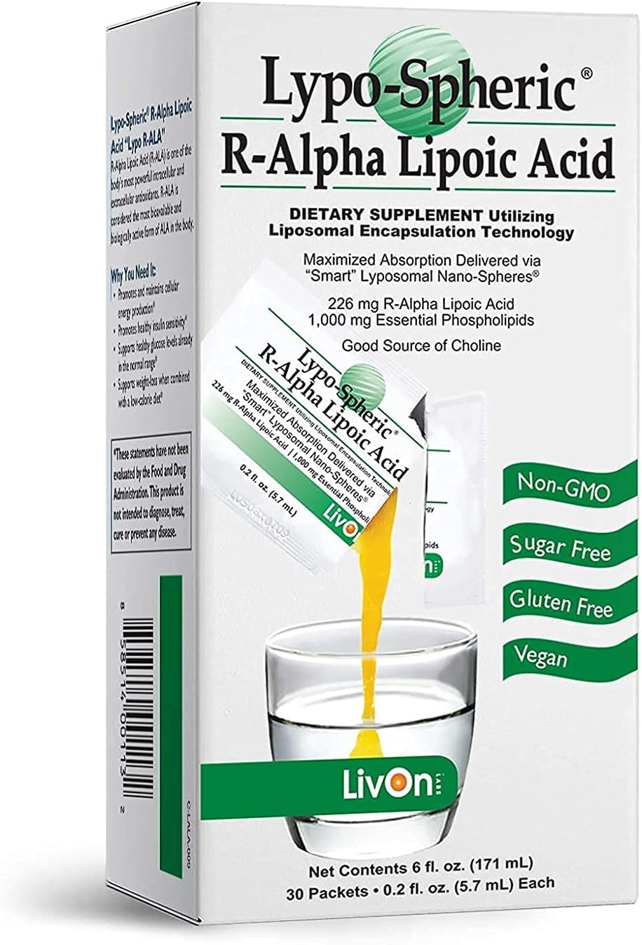 Asterveda Lypo-Spheric R-ALA Alpha Lipoic Acid Supplement | Liposome Encapsulated for Improved Absorption - 100% Non-GMO | Supports Healthy Glucose Levels - 30 Sachets