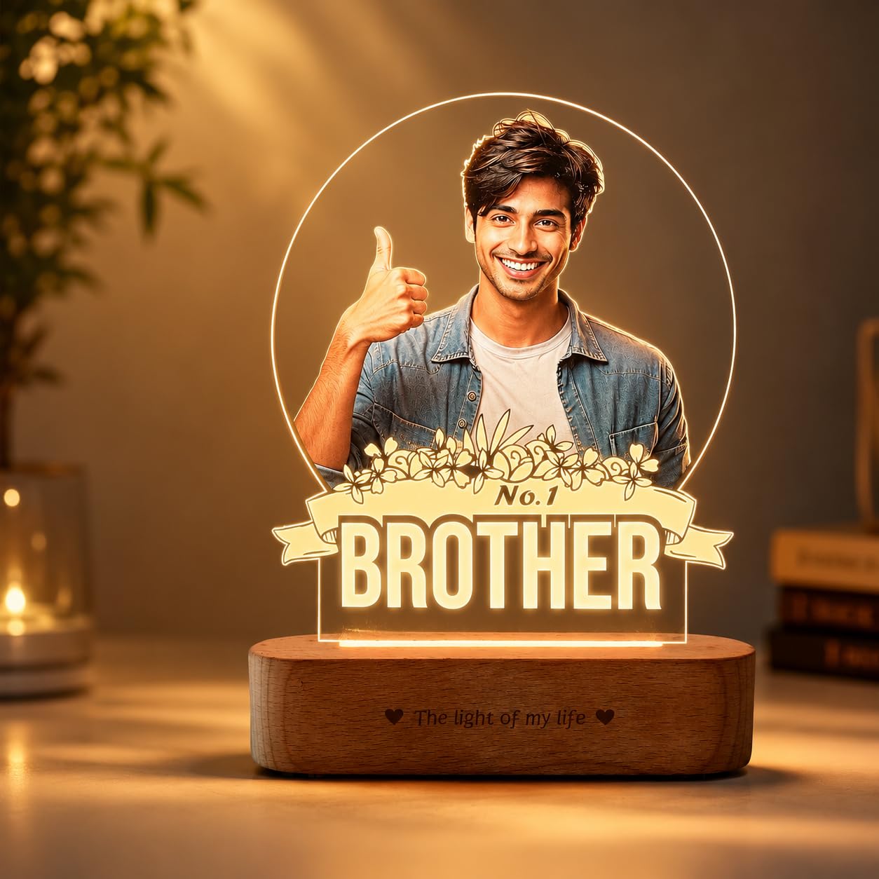 ZOCI VOCI Personalized Rakhi Gifts - No.1 Brother Custom UV Printed LED Photo Lamp, Warm White Acrylic Night Lamp with Wooden Base, Customized Rakshabandhan Gift-picture-14