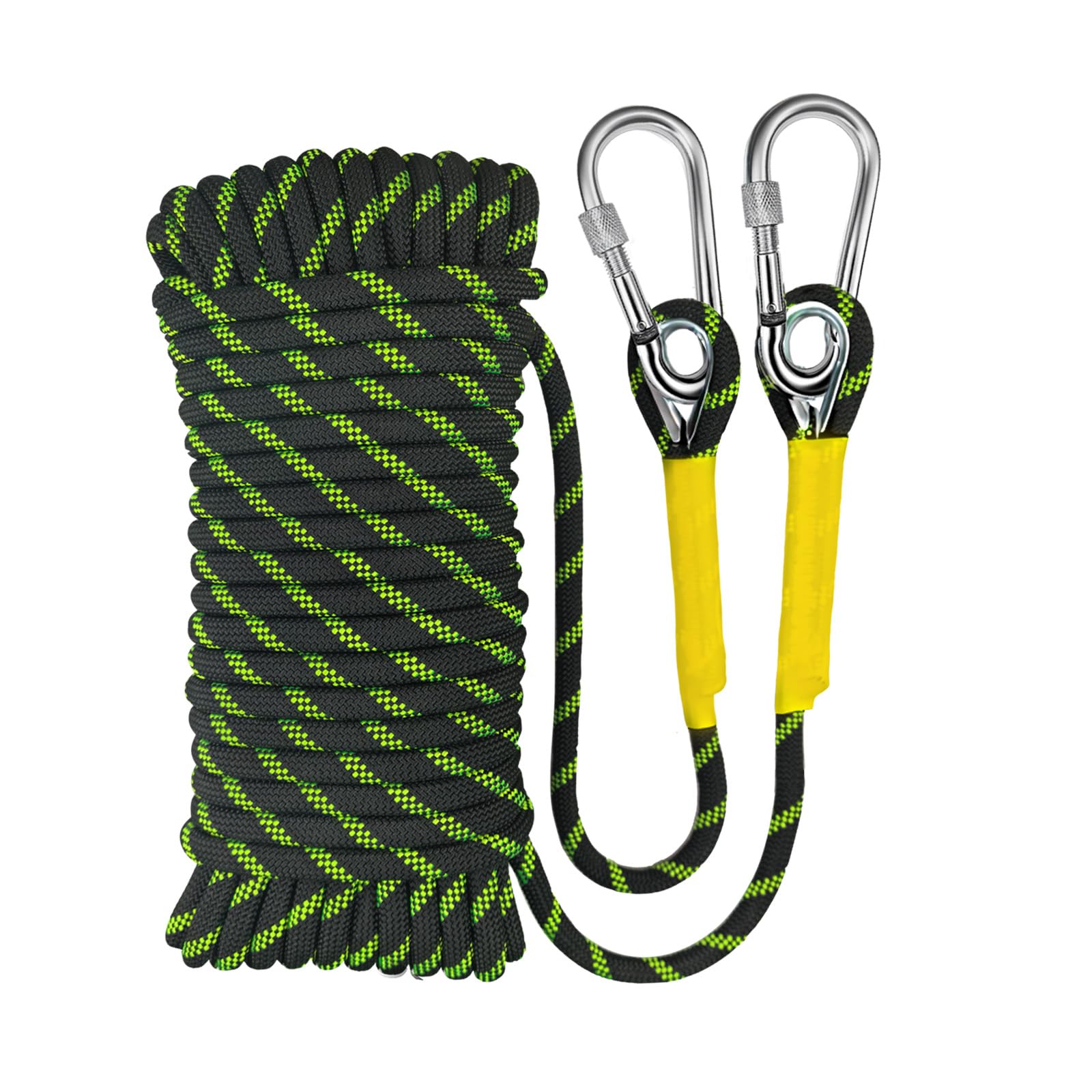 20m Corda Statica da Arrampicata 8mm con 2 Moschettone, UIAA | nylon ad alta resistenza, anti-abrasione, anti-UV, nero fluorescente, per alpinismo, soccorso e Campeggio