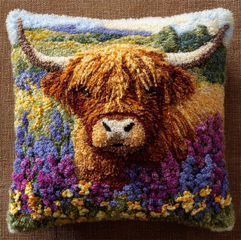 kitphoenix Latch Hook Kits for Adults,Highland Cow and Flowers