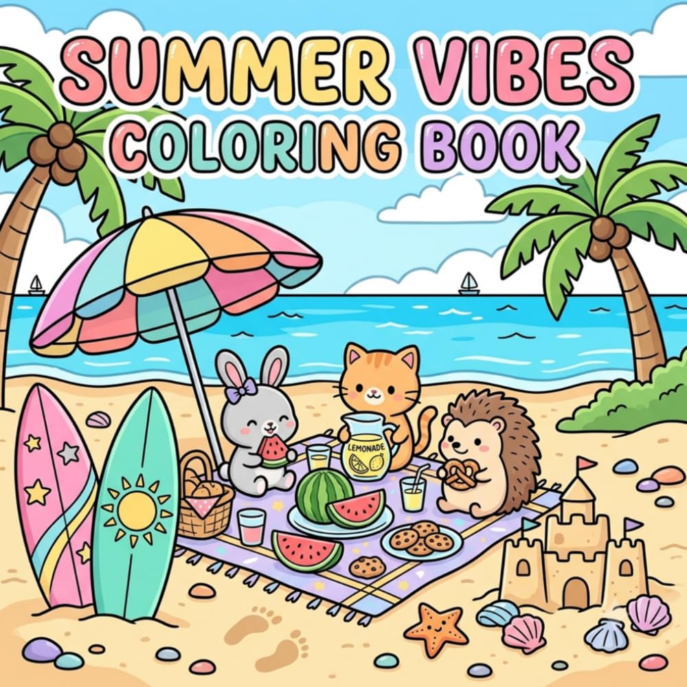 Summer Vibes Coloring Book: Bold and Easy Coloring Book for Adults and Kids with Cozy Summer Moments, Beach Activities, and Cute Characters