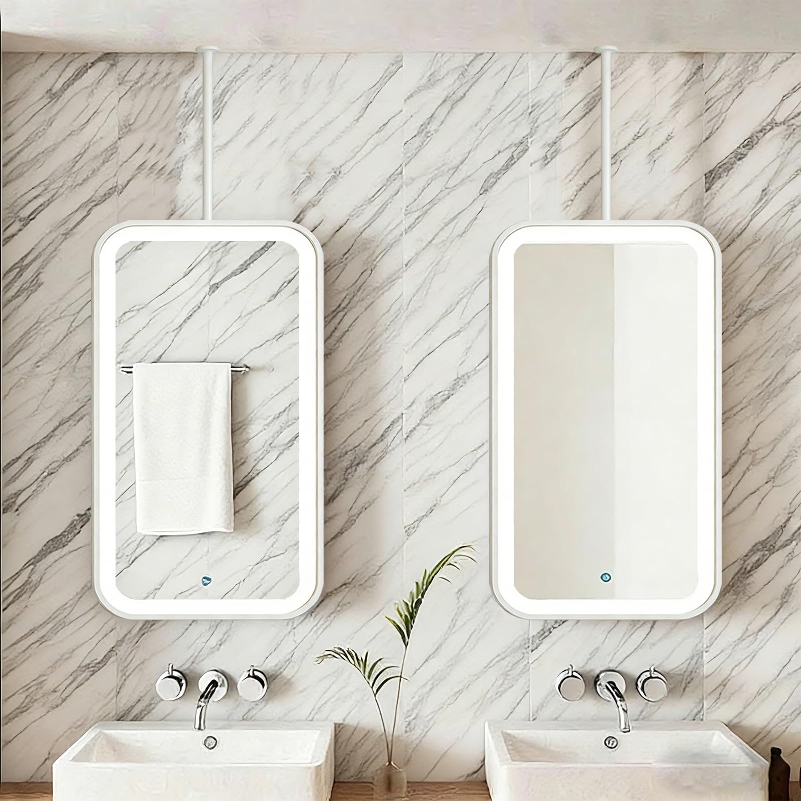 FGXHHS Rectangle Ceiling Hanging Mirror，LED s Wall Mounted Mirror with Metal Frame and Boom，Suspended Vanity Makeup for Home or Hotel Decorative，White(40cmx60cm)