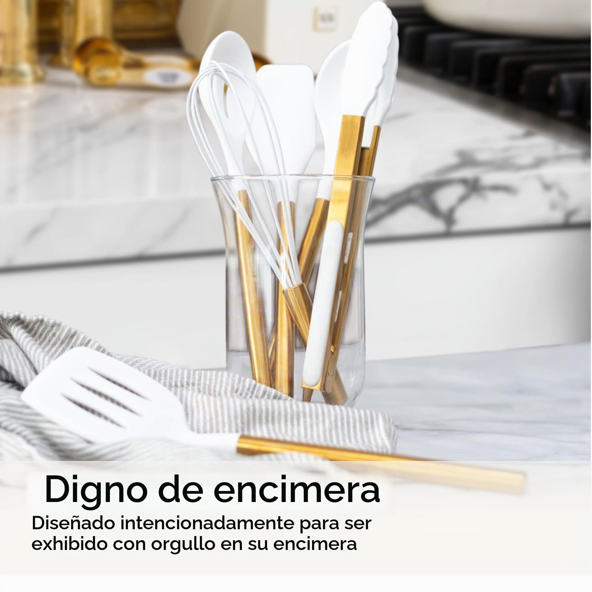 Styled Settings White and Gold - Juego de utensilios de cocina de silicona de 6 piezas con espátula, batidor, pinzas, cuchara y volteador, antiadherentes, sin BPA, accesorios de cocina dorados