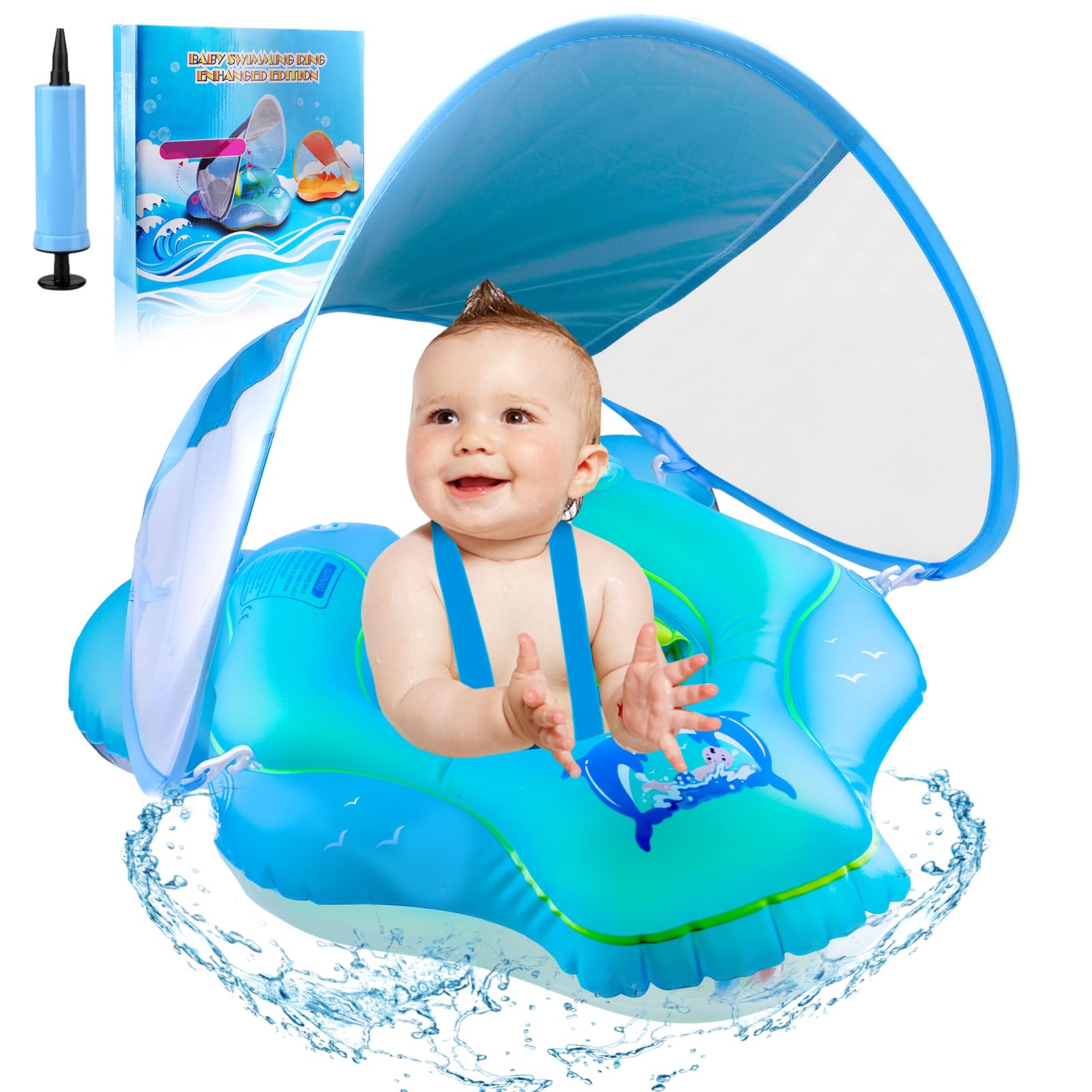 Baby Swimming Float, Baby Pool Float with Canopy, Inflatable Whale Baby Swimming Ring with Safety Seat