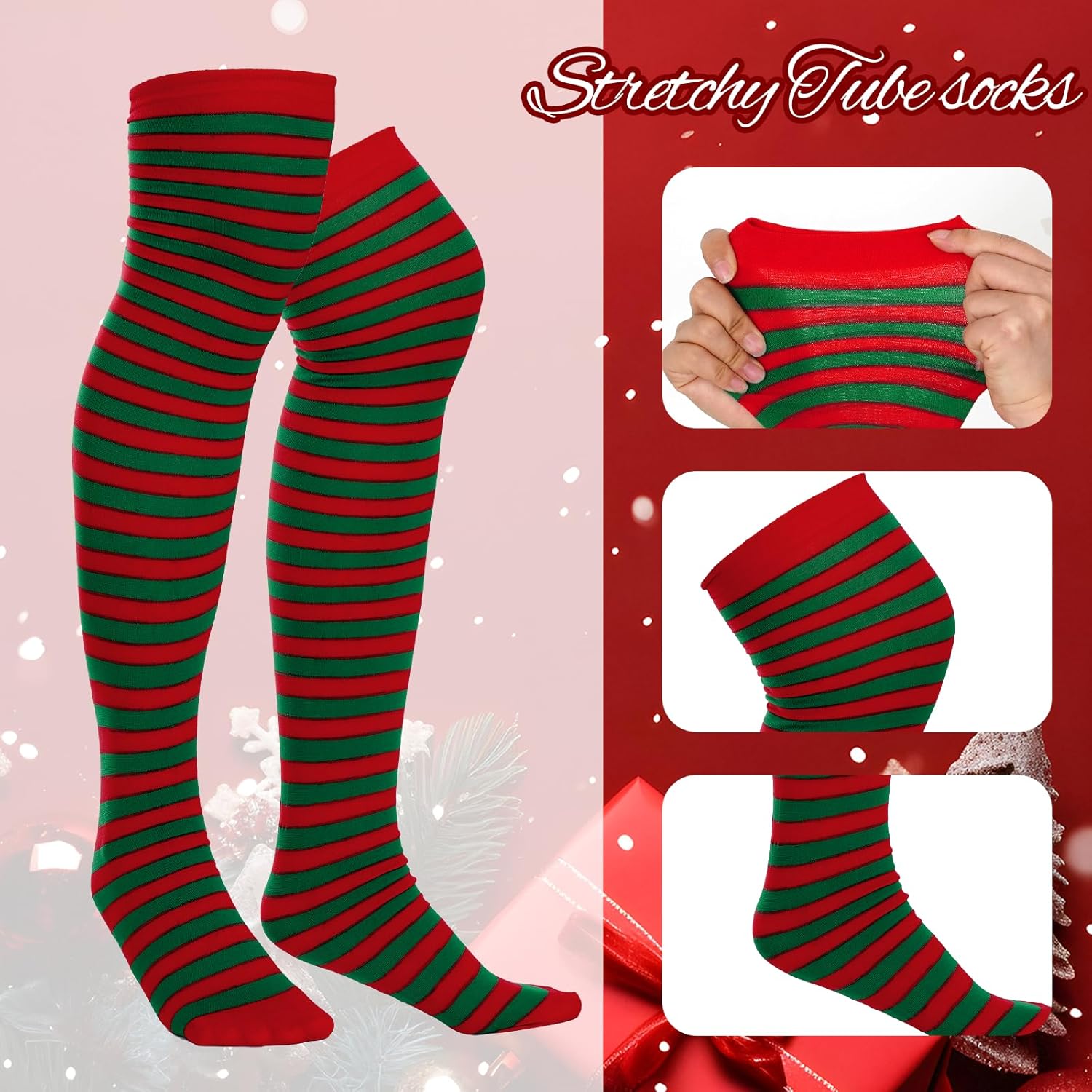 Sucrain Thin Stripe Top Knee Socks Over Knee Thigh High Stockings Christmas Halloween Cosplay Costume Accessories for Women - Image 5