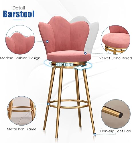 Miniatura 6 de Juego de 4 taburetes giratorios de terciopelo rosa, modernos taburetes tapizados de altura de mostrador con respaldo para isla de cocina, sillas de