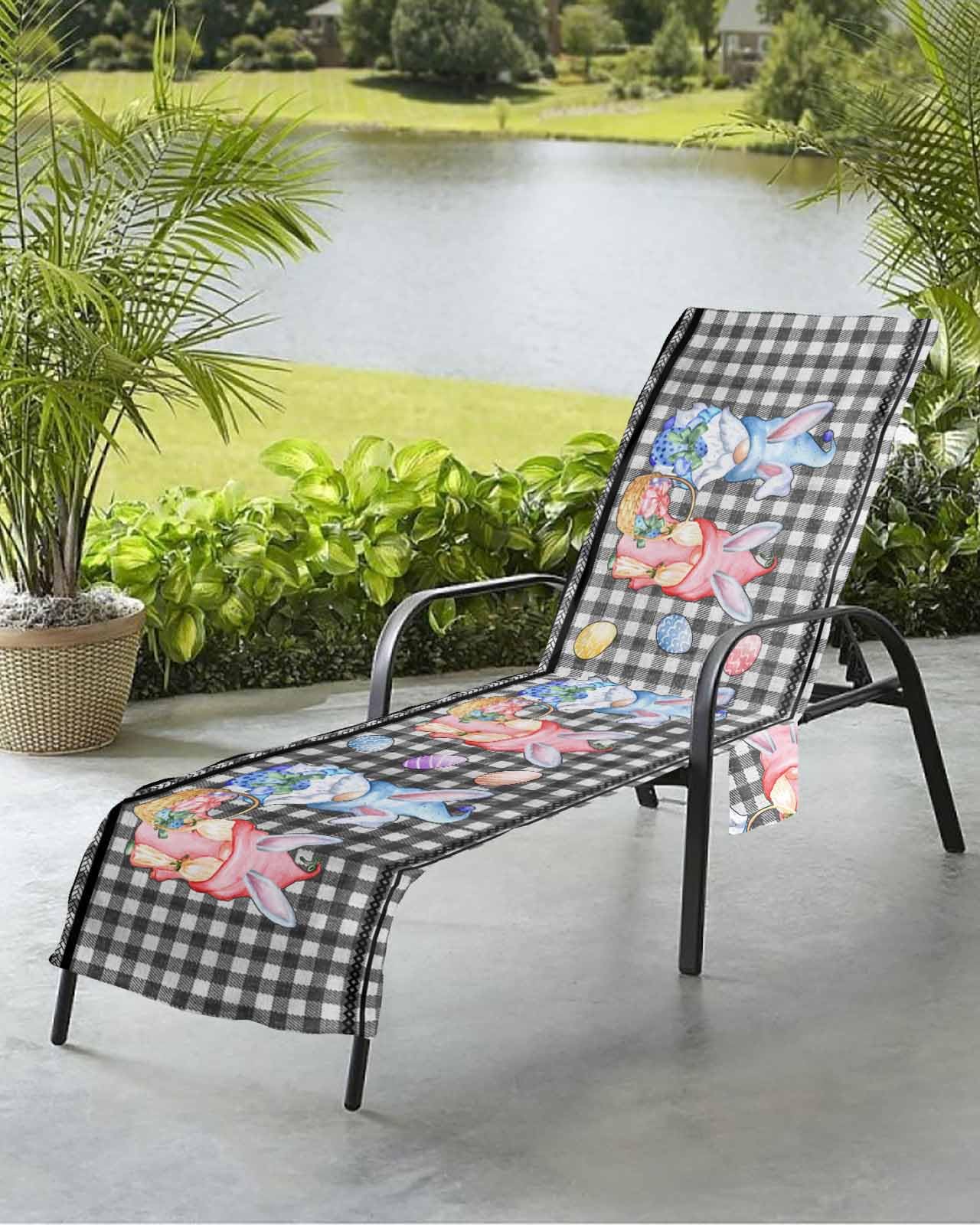 Easter Gnomes Beach Chair Towel Covers for Chaise Lounge with Side Pocket, Soft Plush Pool Towels Cover for Patio Sunbathing Outdoor 29''x85'' Watercolor Eggs Black White Buffalo Plaid