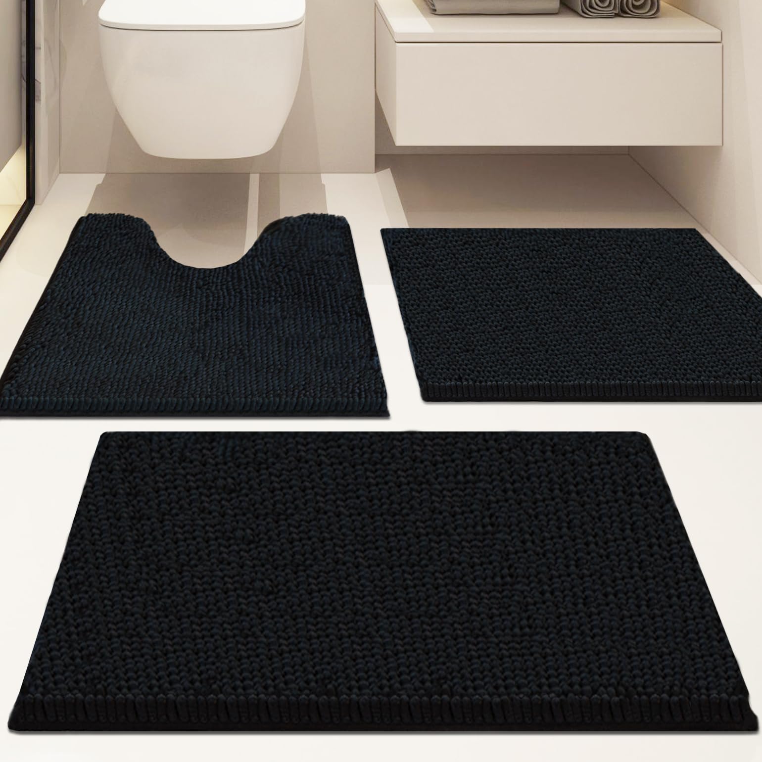 Lot de 3 tapis de salle de bain en chenille, extra épais et absorbants, antidérapants, lavables en machine, séchage rapide, doux et confortable, utilisés sous la douche, baignoire et évier,