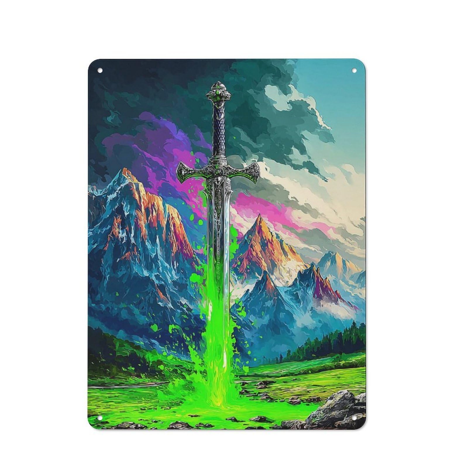 Junmoney Sword In The Stone Fantasy Landscape -2 Tin Wall Plaque 40X30cm With For Pub Or Café, With Clear Vintage Wall Decor Character