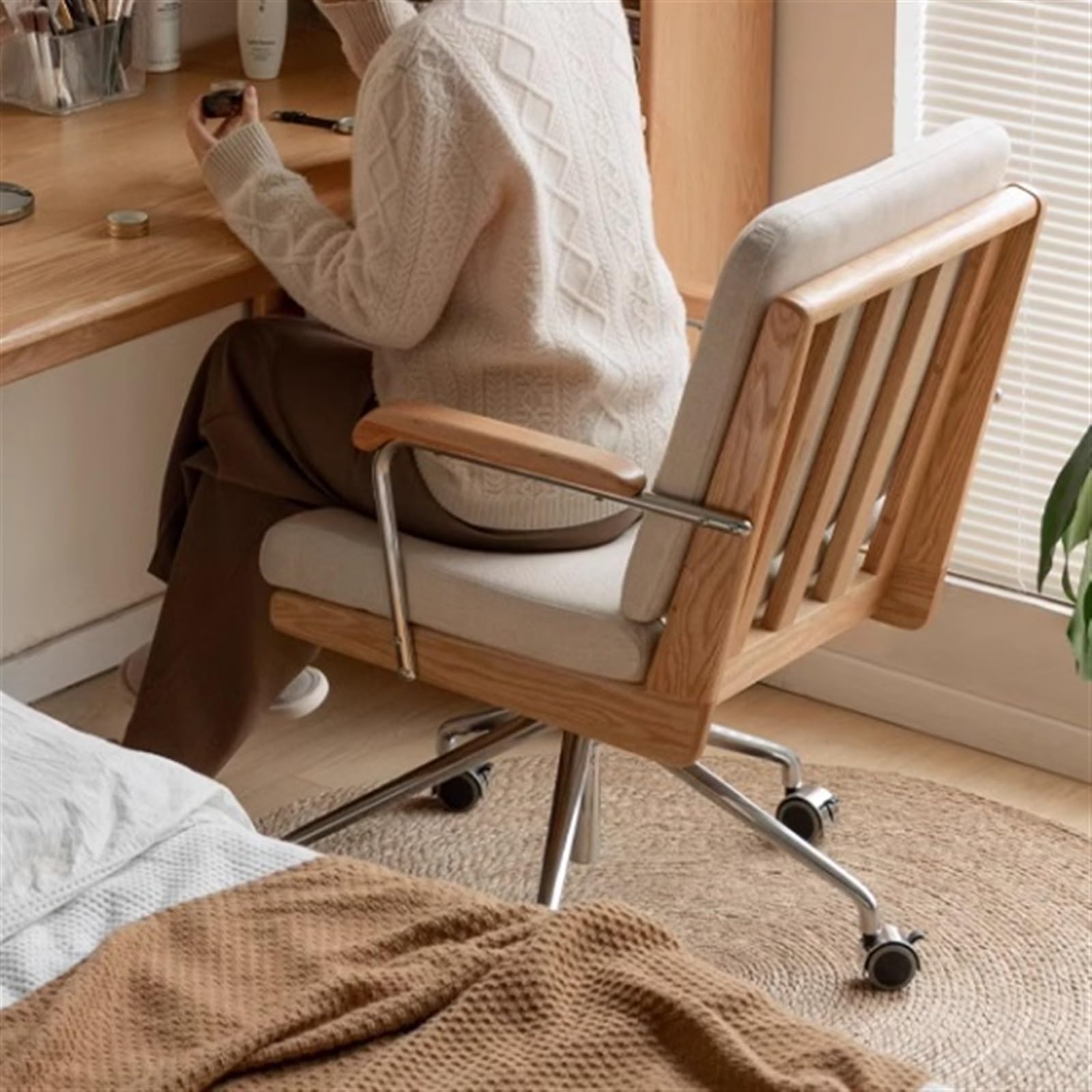 Ergonomiczne krzesło biurowe, Krzesło obrotowe z litego drewna Dębowa metalowa podstawa z kółkami Krzesło do pracy na komputerze Krzesło biurowe Krzesło ze środkowym oparciem Krzesło do nauki Krzesło
