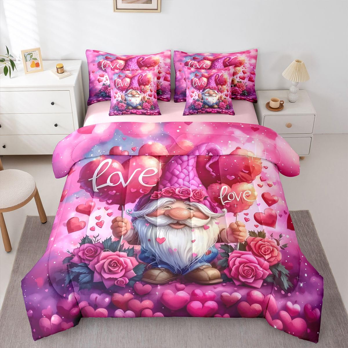 Castle Fairy Kawaii Gnome Comforter Set 7 PCS,Romantic Rose Flowers Bed Set for Girls Kids Adults,Red Hearts Bed in a Bag Bedding Set with Comforter,Sheet Set,Pillowcases,Pillow Covers,Full