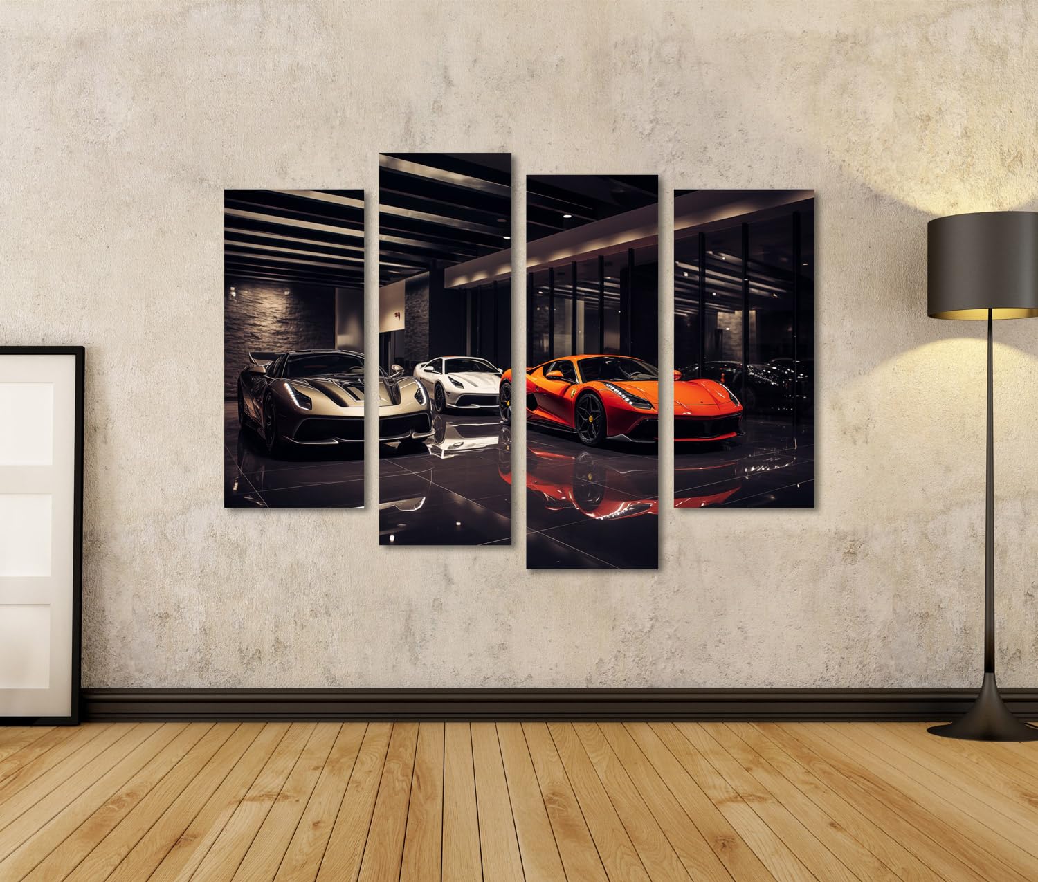 islandburner Quadro su tela Tre auto sportive in moderna galleria auto su pavimento lucido Immagini da parete poster