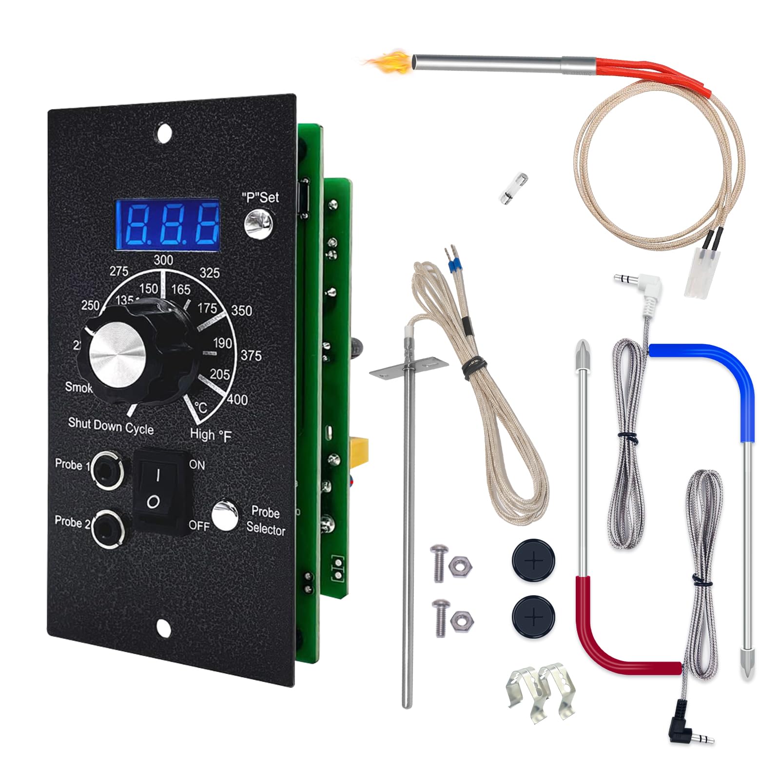 Placa de control PID mejorada (artículo #365) compatible con parrilla y ahumador Traeger Pro Gen 1 - Kit completo de repuesto con controlador digital, Hot Rod, sonda RTD y sondas dobles para carne