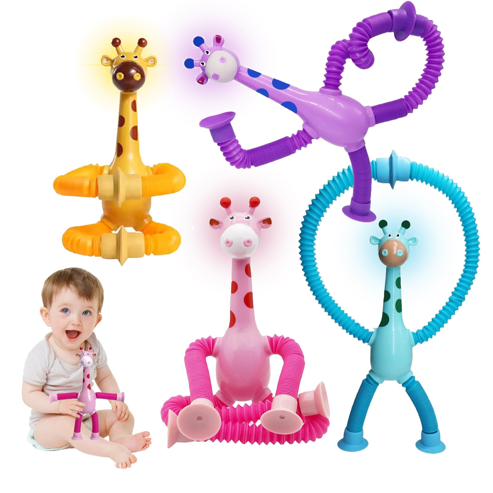 EHIOG 4 Pcs Telescopic Suction Cup Giraffe Toy, Pop Tubes Fidget Toys for Kids, Shape Changing Telescopic Tube, Decompress Novel Educational Toy, for Boys & Girls Ages 3+