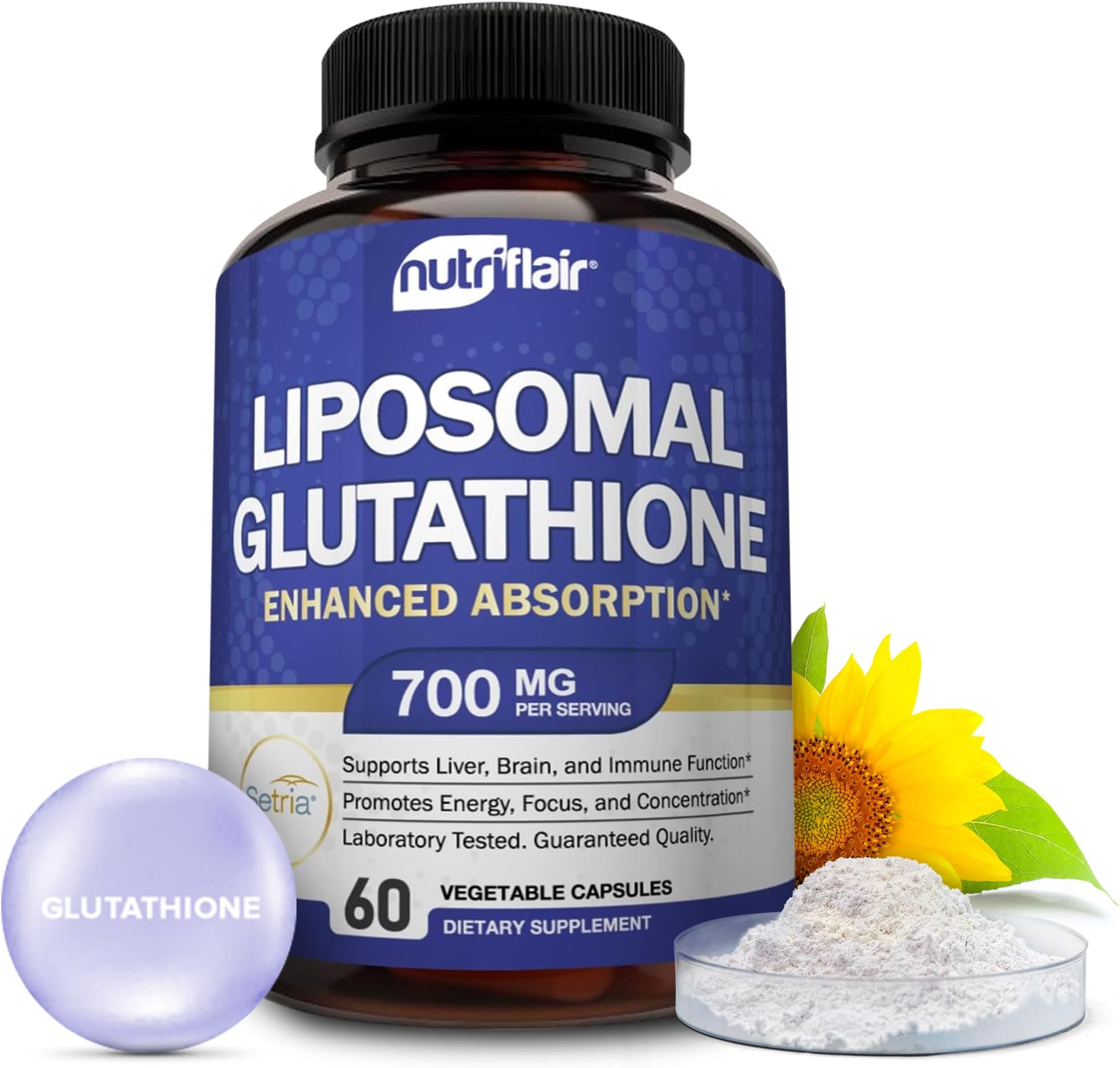 NutriFlair Liposomal Glutathione Supplement Setria¬Æ 700mg - Pure Reduced, Stable, Active Form L Glutathione reductase (GSH) - Non GMO Antioxidant Support, Detox, Cardiovascular, Brain, Immune Health