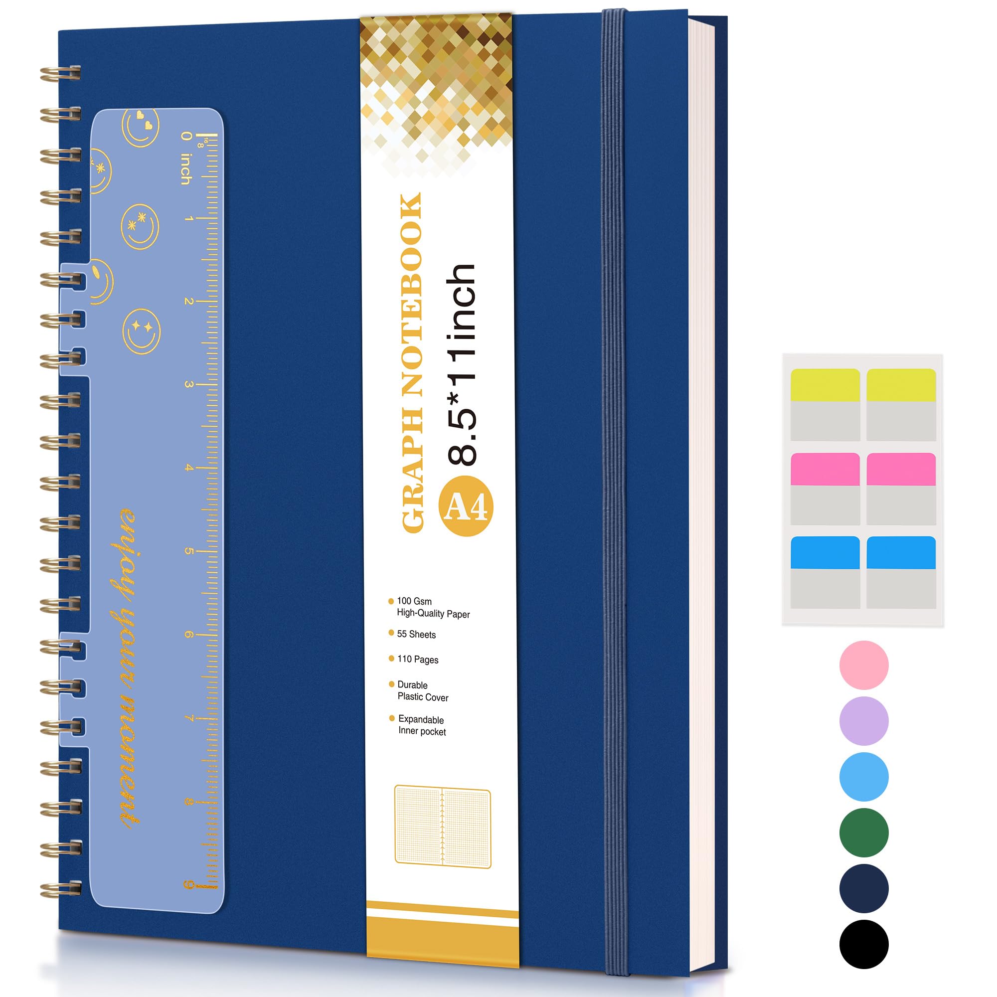 Graph Paper Notebook, Spiral Notebook Journal 8.5” x 11”, A4 Large Grid Notebooks for Women Men, 100 GSM Graph Paper, Plastic Hardcover Spiral Graphing Journals for Work School Engineering, Navy Unknown Binding