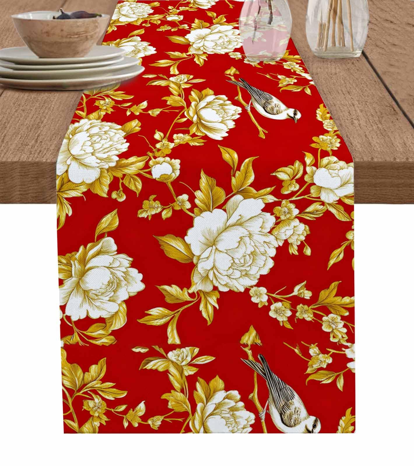 Yellow Red Flowers Table Runner Cotton Linen 108 Inch Holiday Dresser Scarves, Spring Floral Bird Luxury Tablerunner for Kitchen Coffee Dining Bedroom