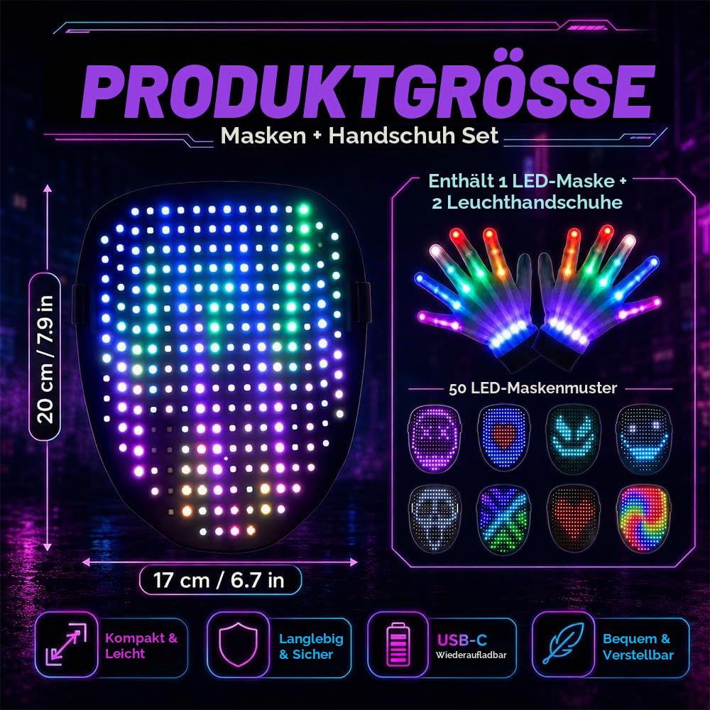 NAVESO Halloween LED Maske mit Handschuhe,LED Maske Gesicht Halloween