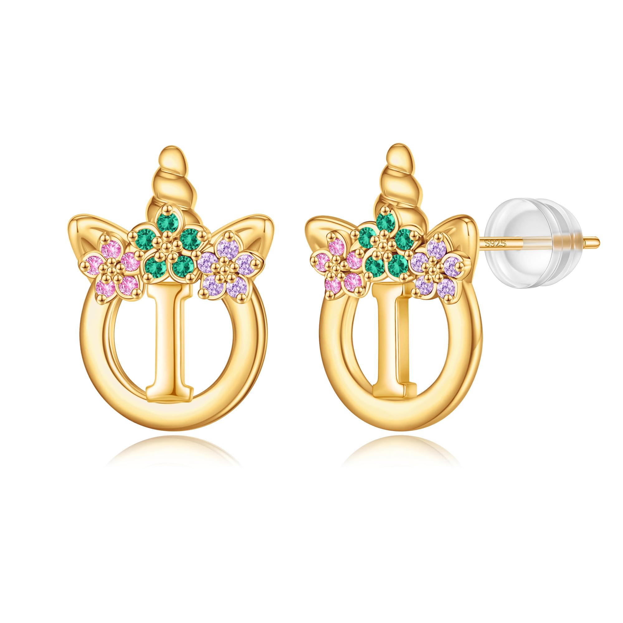 Unicorn Earrings Gifts for Girls - 925 Sterling Silver Stud Earrings Hypoallergenic Initial Unicorn Earring for Girls Kids Jewelry CZ Birthday Gifts